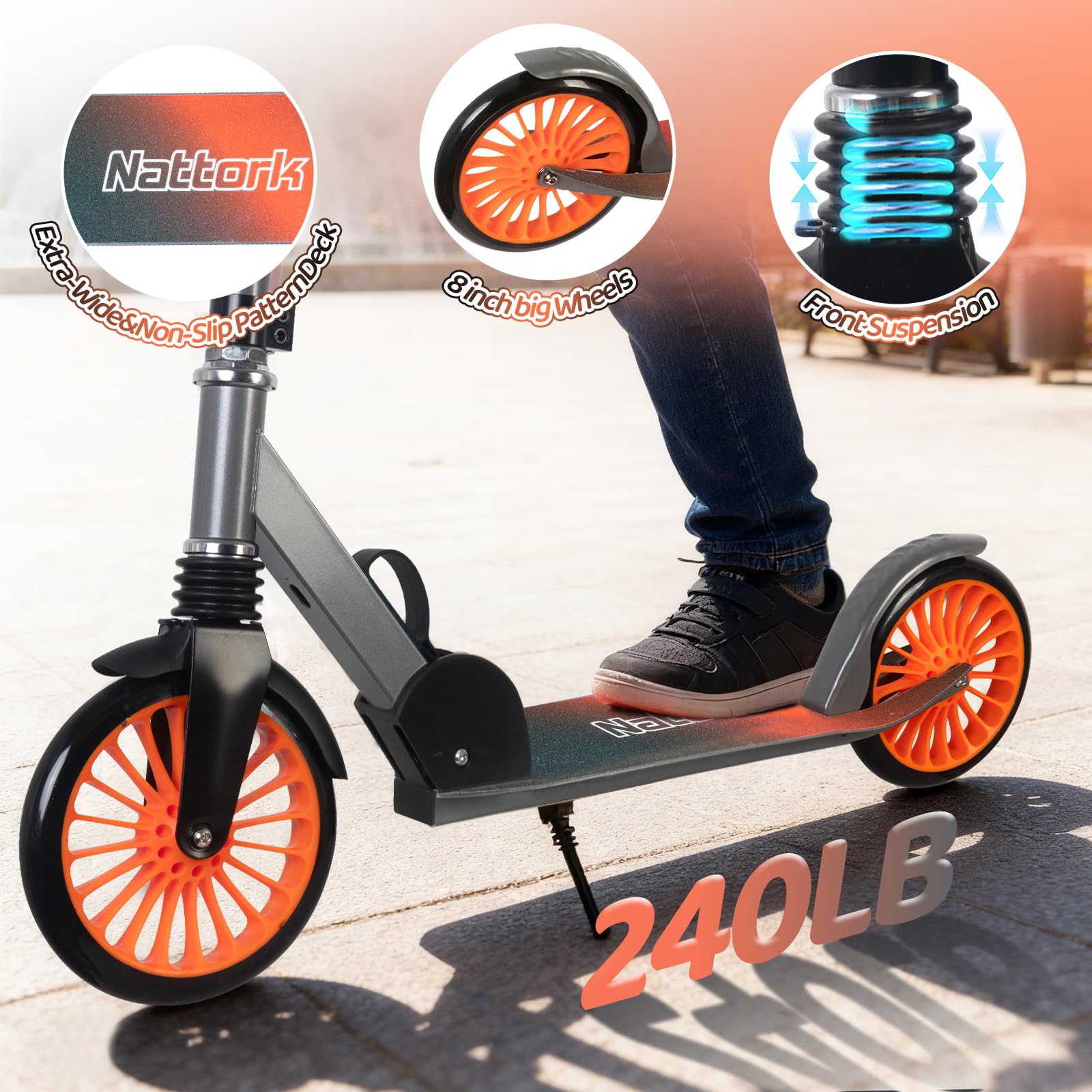 Nattork Kick Scooter - Patinete Infantil de hasta 100 kg, para Adolescentes y Adultos, Patinete Urbano con Altura Ajustable y Plegable, Ruedas Grandes de 200 mm