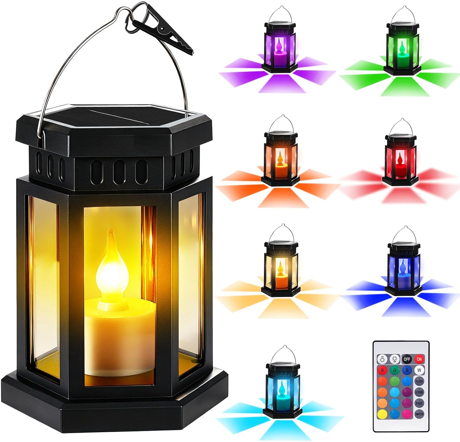 Hanging Solar Lanterns Outdoor Waterproof, Upgraded Flickering Flame & RGB Color Changing Light with Remote, Clip Decorative Solar Powered Lantern for Patio Garden Yard Tree Path Party 1 Pack Black