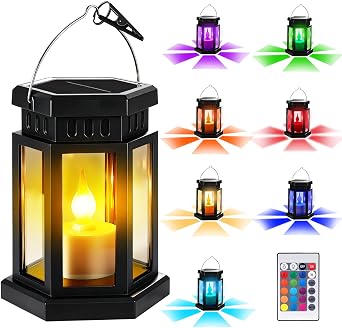 Hanging Solar Lanterns Outdoor Waterproof, Upgraded Flickering Flame & RGB Color Changing Light with Remote, Clip Decorative Solar Powered Lantern for Patio Garden Yard Tree Path Party 1 Pack Black