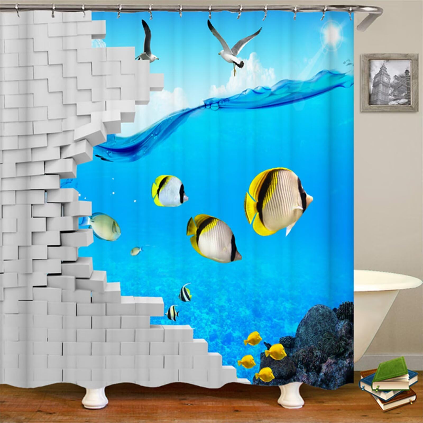 animal marin Rideau Douche W300cm x L200cm Rideaux de Douche Anti Moisissure Tissu Imperméable avec Crochets,Rideaux Lourd Polyester Lavable,3D Shower Curtain Baignoire Salle de Bains Decor M-114
