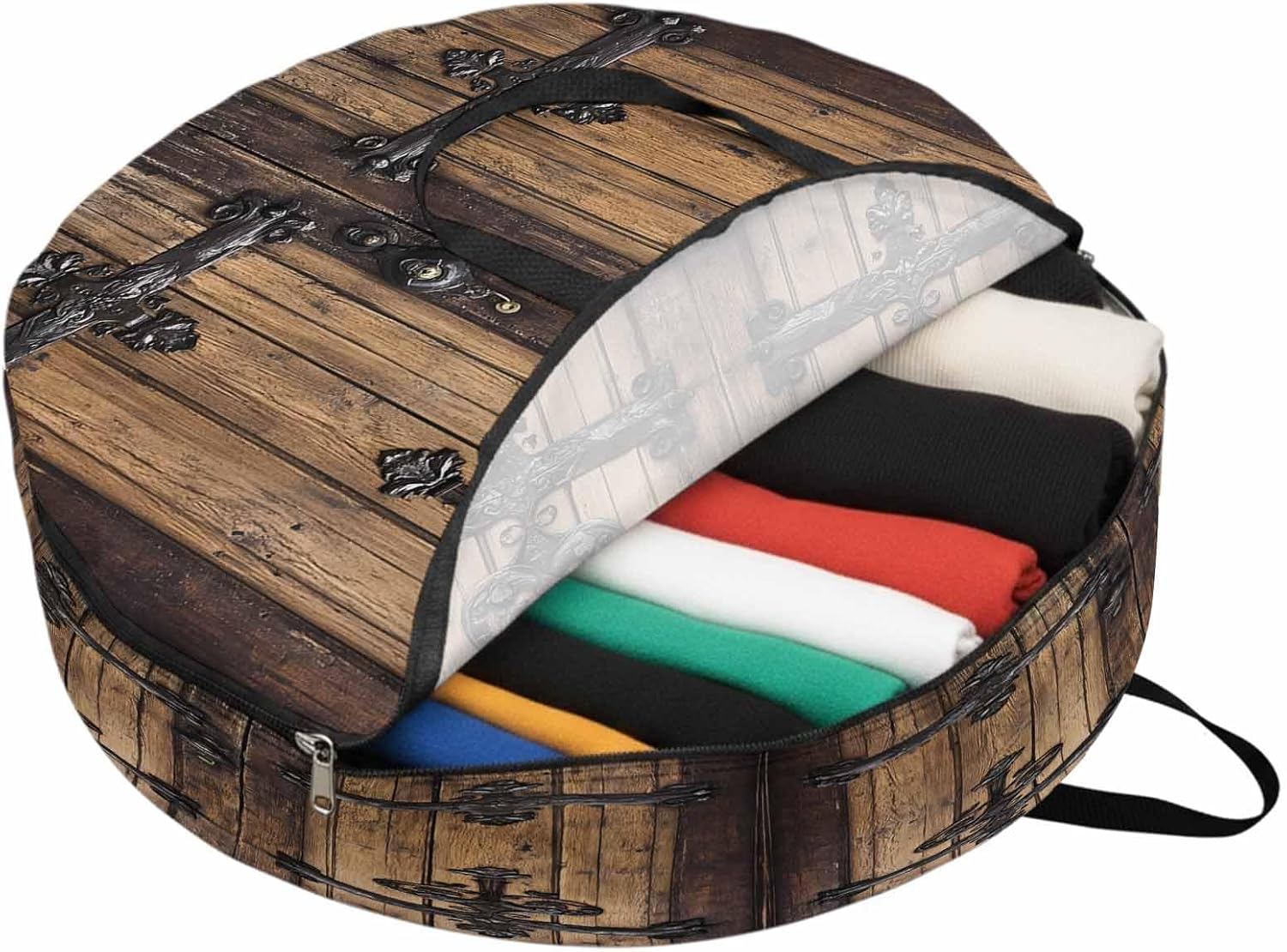 Wooden Door Round Storage Bag 36 Inch, Barn Door Dilapidated Wood Grain Clothes Storage Container with Handles Heavy Duty Organizer for Comforter, Bedding & Holiday Wreaths