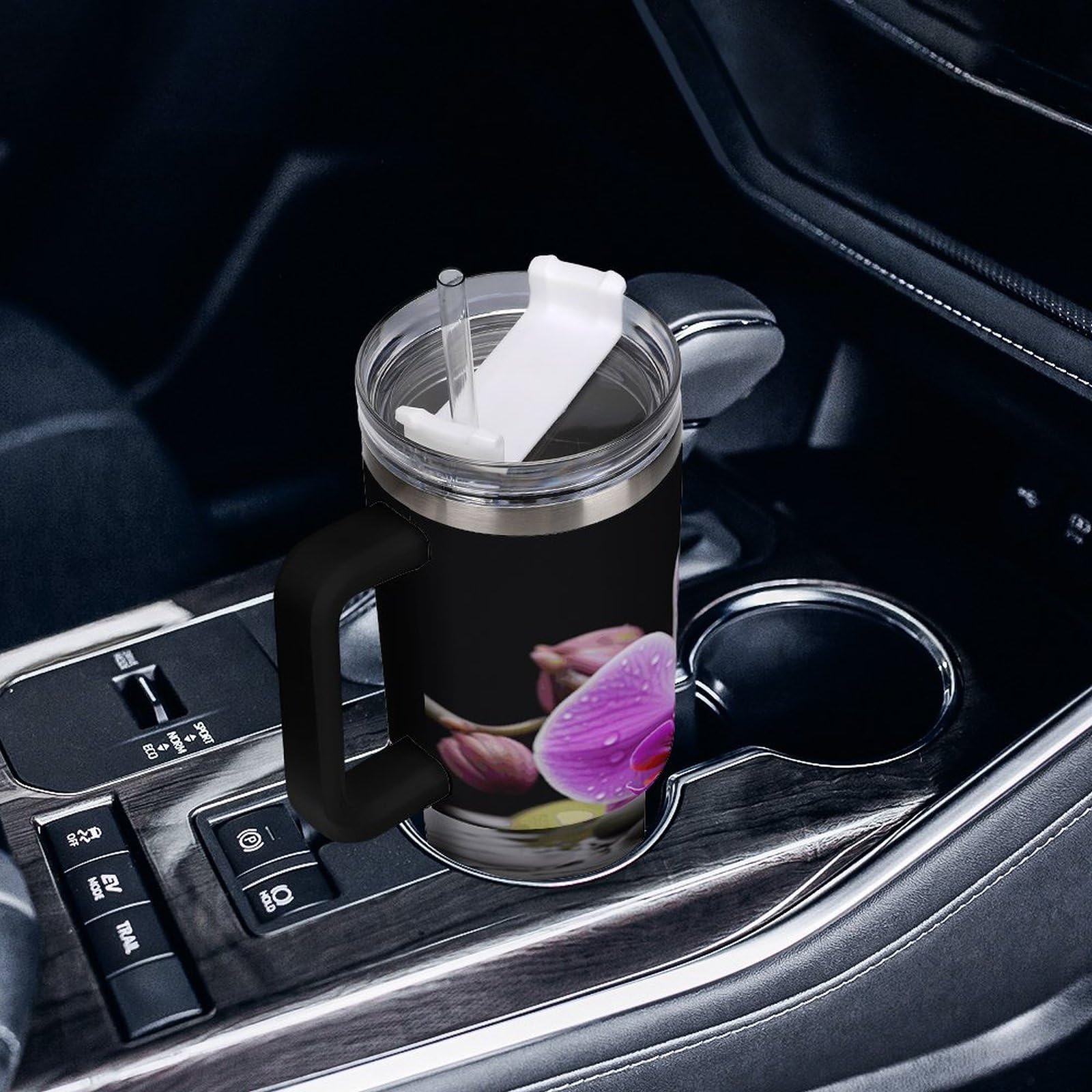 Violette Orchideen-Becher mit Strohhalm und Griff, doppelwandige Vakuumisolierung, Wasserflaschen für Eiskaffee, Tee, heiße und kalte Getränke