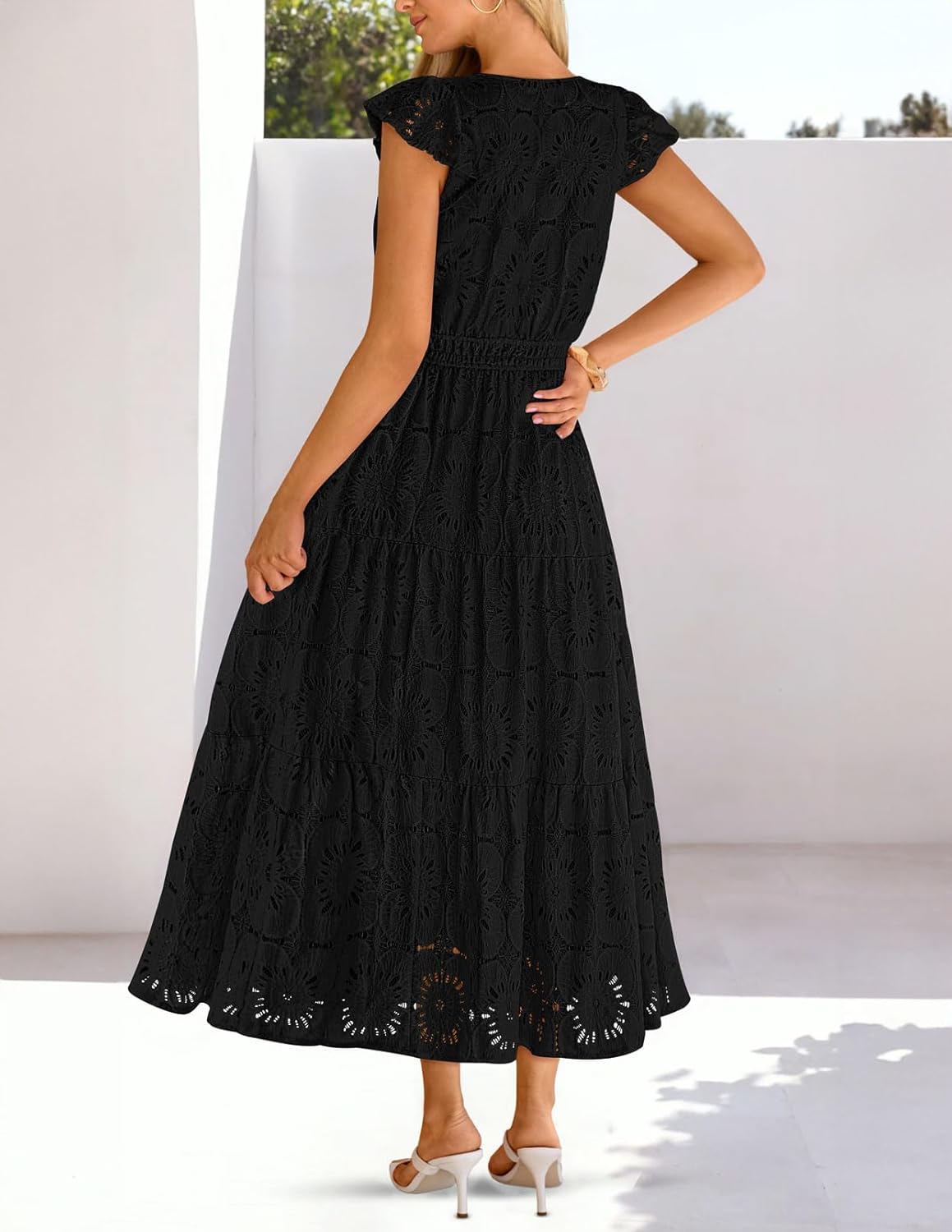 MEROKEETY Women's Summer Lace Eyelet Maxi Dress 2026 Spring Casual Boho Flutter Sleeve Tiered Flowy Beach Vacation Dresses - Image 4