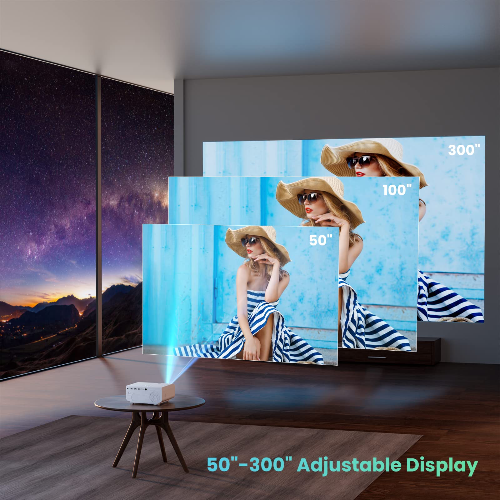 HOPVISION Projektor, Mini Projektor WiFi Bluetooth Full HD 1080P, Projektor 4K do Kina Domowego, 300-Calowy Wyświetlacz, Projektor Zewnętrzny Kompatybilny ze Smartfonem/HDMI/USB/Laptopem/Palnikiem/PS5