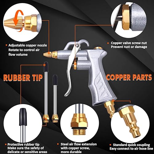 Miniatura 4 de Pistola de aire industrial con boquilla de flujo de aire ajustable de latón y 2 extensiones de flujo de aire de acero, compresor de aire neumático