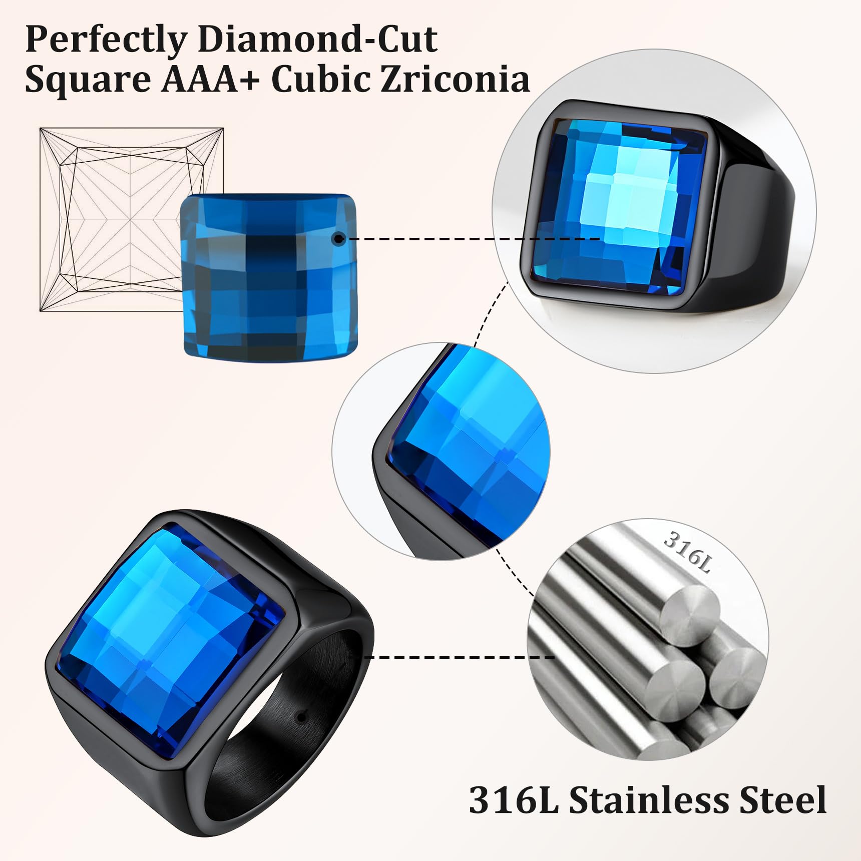 Bestyle Anillo Hombre Grande Anillos de Sello Cuadrado 15mm Ancho Anillo con Piedra Negro/Azul Anillos Acero Inoxidable Personalizados Anillos Hombre Tamaño 14.5-32.5