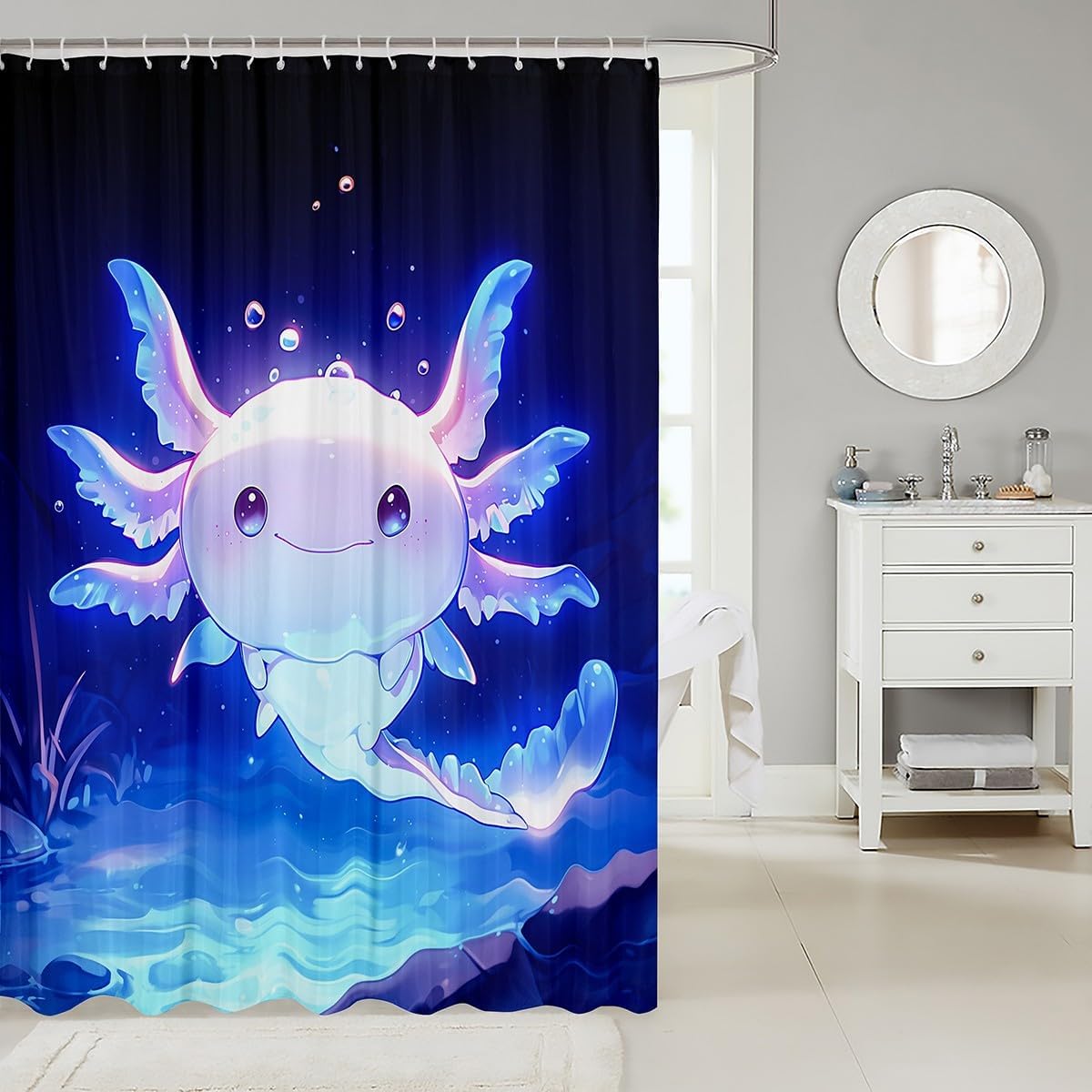 Feelyou Cute Axolotl Shower Curtain 72"x78" Cartoon Salamander Bath Curtain for Boys Girls Teens Kawaii Ocean Sealife Bathroom Shower Curtain Set Gift for Women Kids Bathroom Accessories, Blue Black