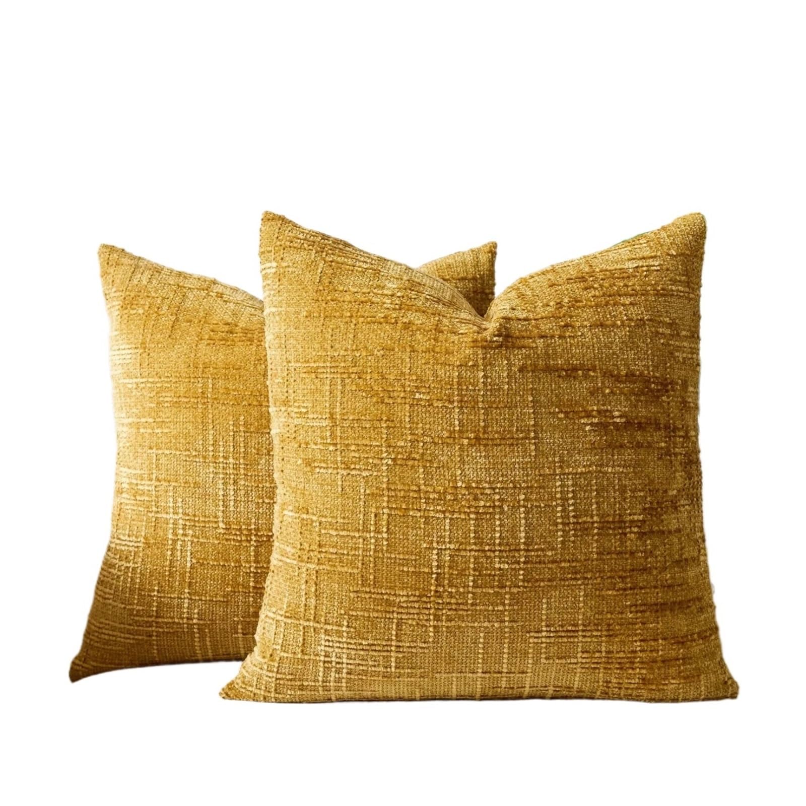 Set of 2 Decorative Linen Check Throw Pillow Covers Neutral Farmhouse Vintage Cushion Modern Boho(Yellow,450x450mm)