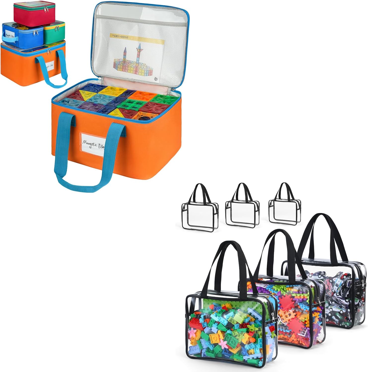 4 Pack Magnetic Tiles Storage Bags for Magnet Building Tiles,Board Game,Puzzle and Lego Bricks,6 Packs Large Toy Storage Bags for Board Game,Building Blocks and Puzzles