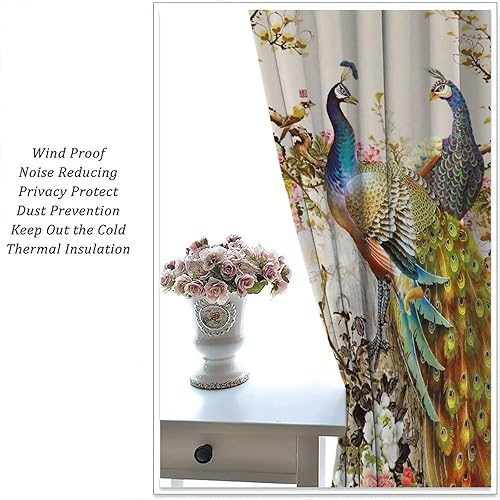 Miniatura 110 de Cortina opaca con estampado de pavo real, con estampado de animales retro, con bolsillo para cortinero y flores de peonía doradas, para dormitorio,