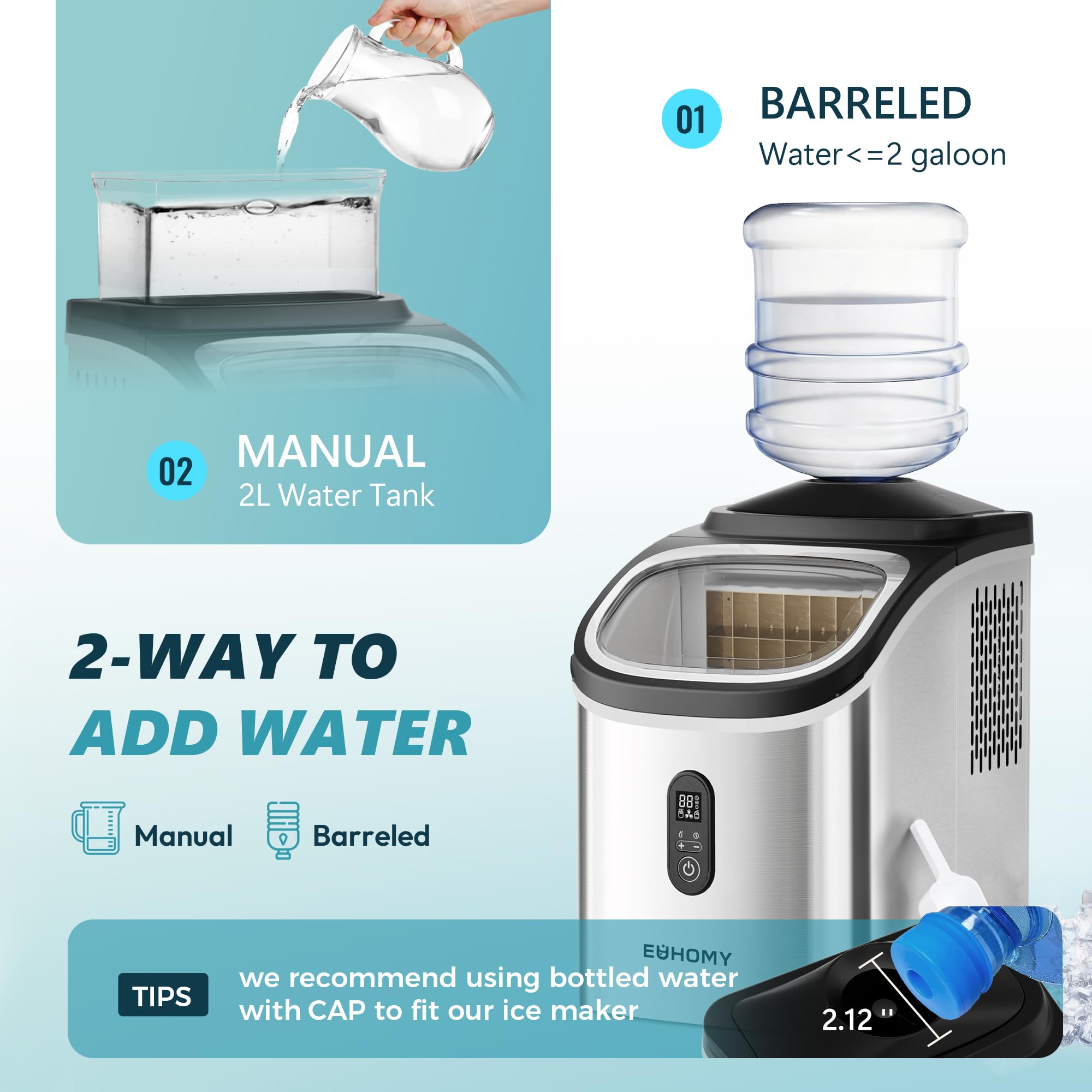Euhomy Ice Cube Maker Machine Countertop With External Water Tank, 2 Ways To Add Water, 34lbs/Day, 16pcs Ready In 7 Mins, Auto-Cleaning, With Ice Scoop & Basket, For Home/Kitchen/Office/Bar (Silver) on Fridge.com - View 4