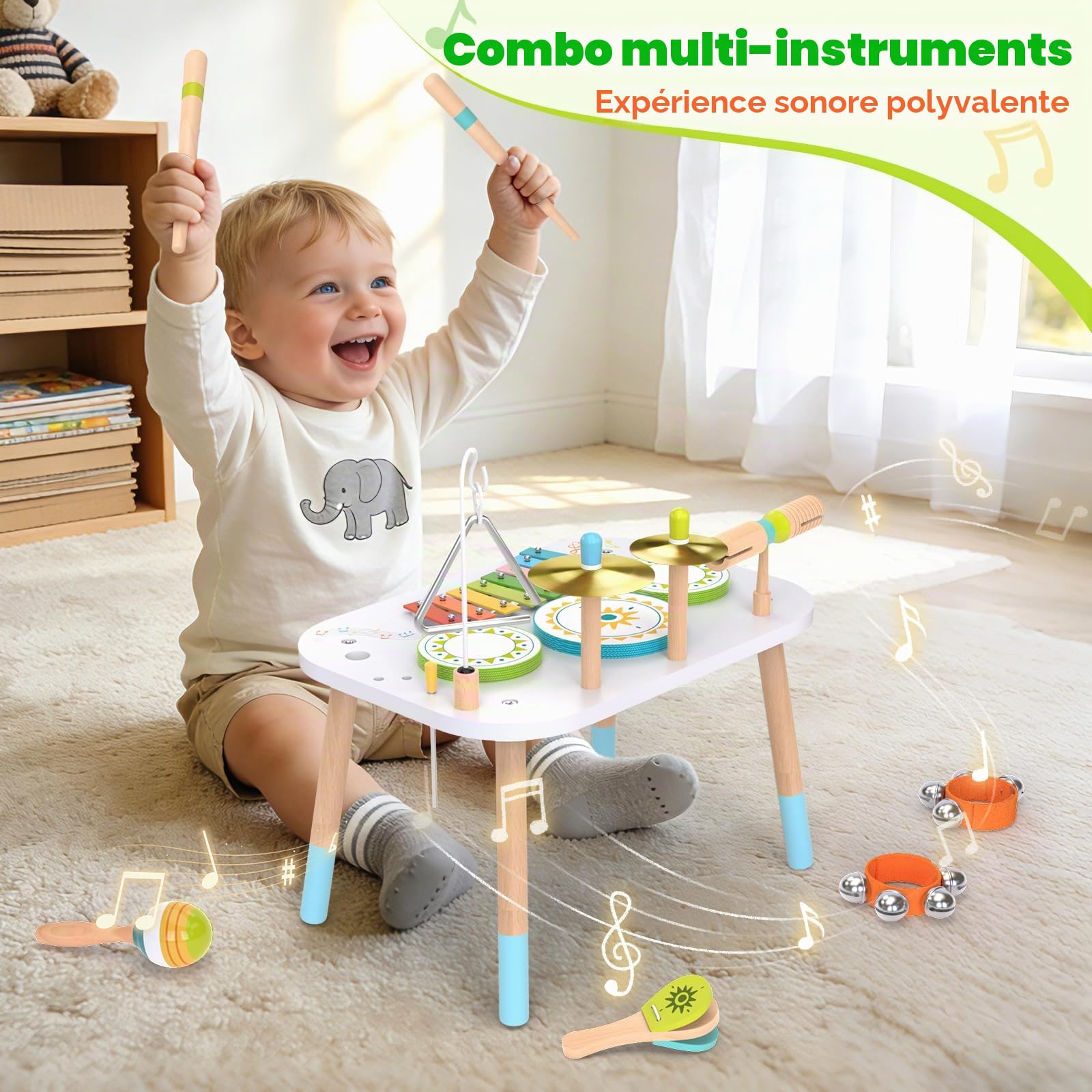 Batterie Enfant 12 en 1, Jouet Musical Montessori en Bois dès 1 an | Table musicale avec xylophone, bongos, cymbale, maracas et cloches ; cadeau d’anniversaire pour fille et garçon de 1 à 3 ans