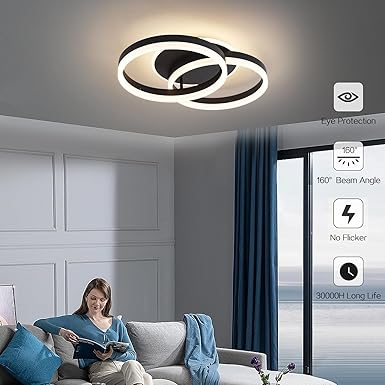Amdelne Led-plafondlamp voor woonkamer, 2 ringen, φ50 cm, 36 W, plafondlamp, modern, dimbaar, met afstandsbediening, van metaal + acryl, rond design, voor woonkamer, slaapkamer, eetkamer, zwart photo 3