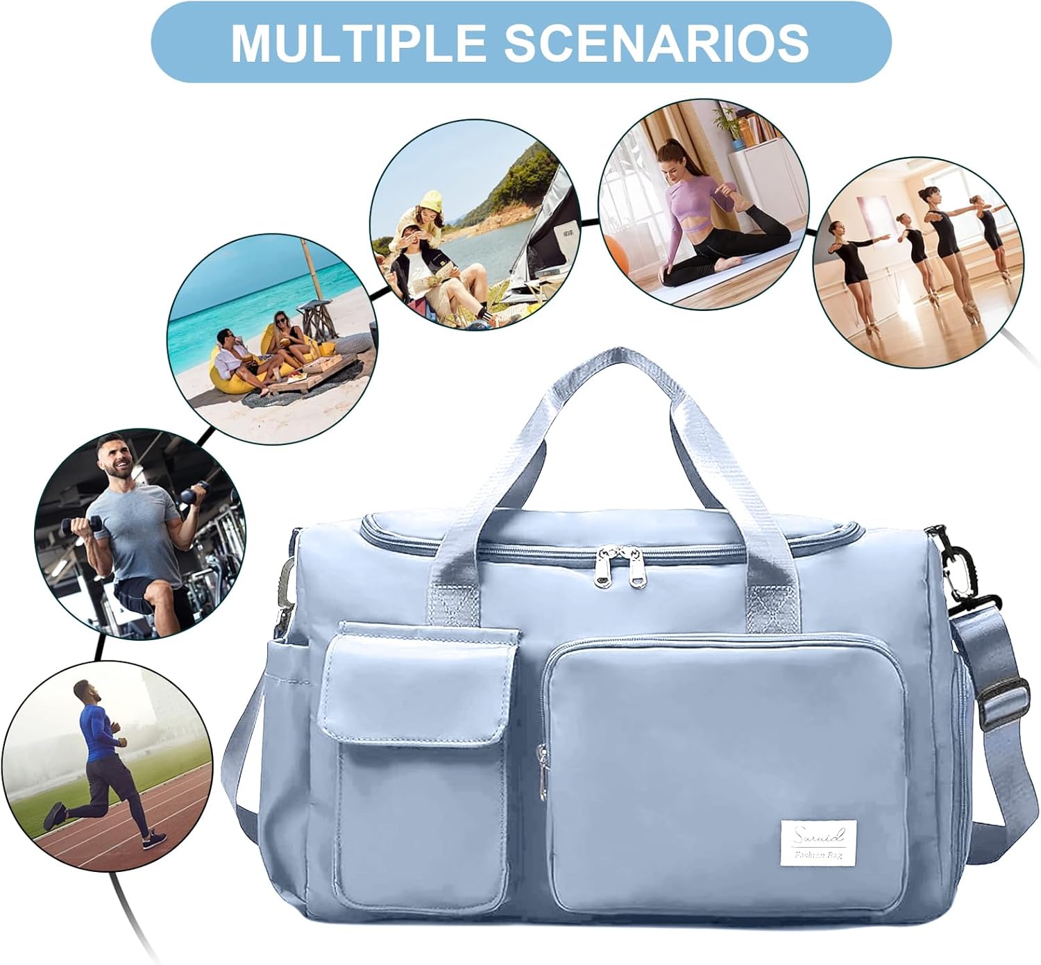 Suruid Gym Bag for Women Men, Travel Duffle Bag Large Capacity Carry On Weekender Bag With Shoe Compartment Gym Tote Dry Wet Separation Duffel Bag with Makeup Bag, Blue