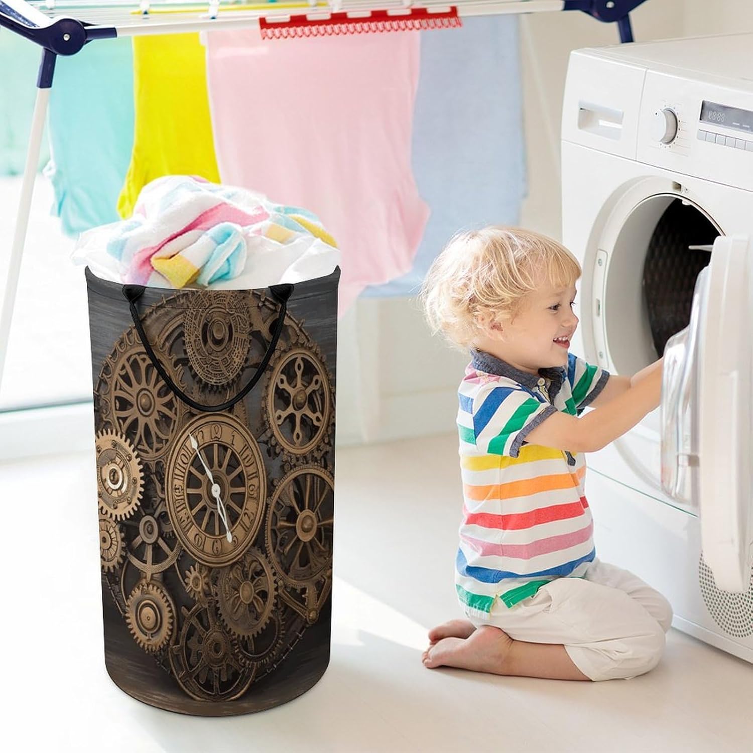 Steampunk Gears Clock Laundry Hamper Freestanding Waterproof Clothes Hamper with Easy Carry Handles Large Collapsible Laundry Baskets Portable Dirty Clothes Basket