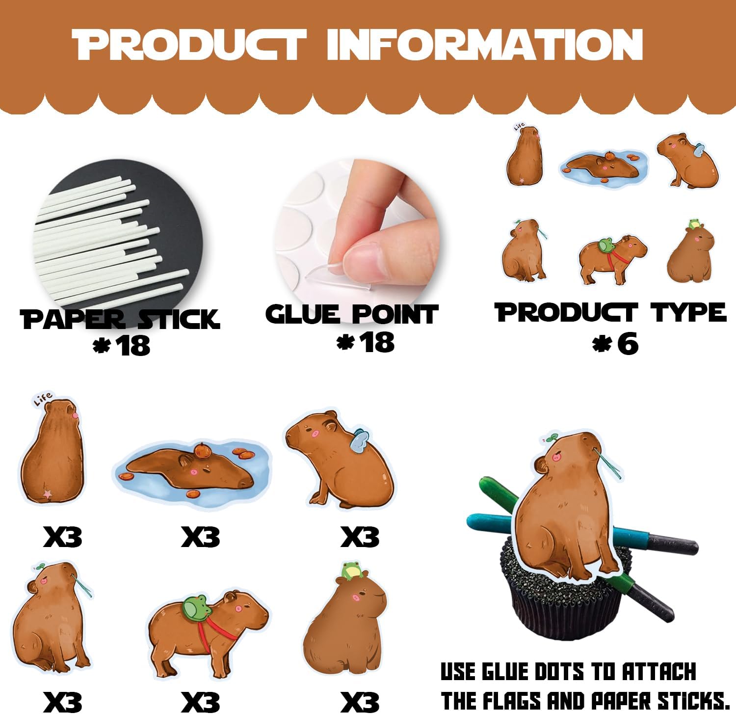 18pcs Brown Glitter Dessert Cupcake Topper Pet Capybara Theme Decorations Baby Shower Boys Girls Happy Birthday Party Decor Supplies