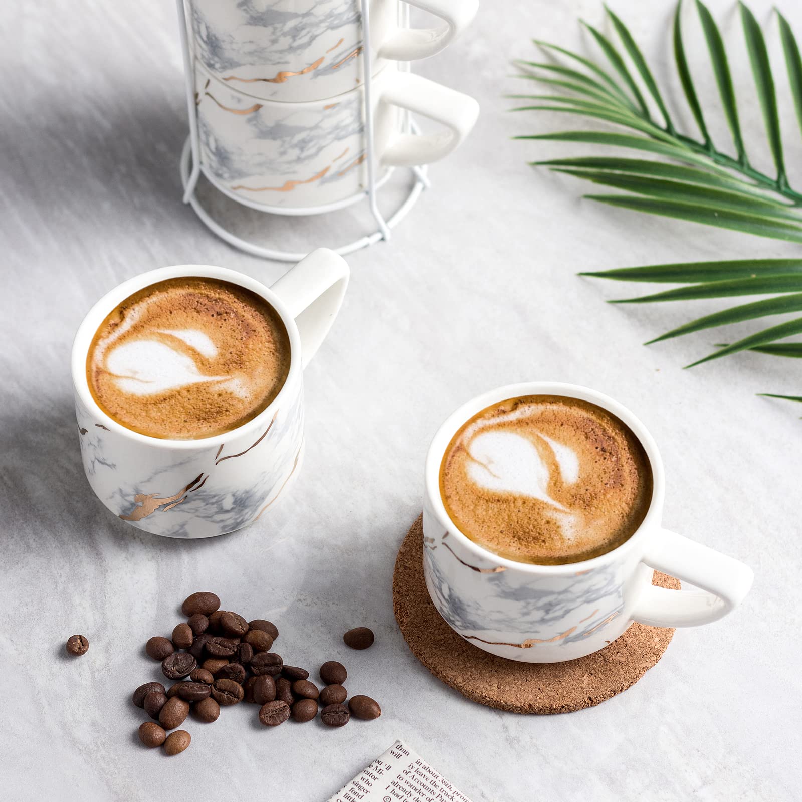 Set di 4 tazze da caffè in ceramica con supporto per tazze da tè, impilabili, 210 ml, colore: bianco