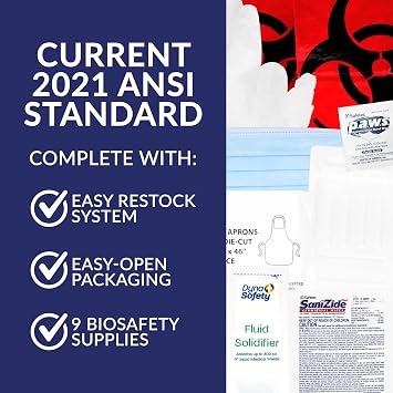 MFASCO Bodily Fluid Clean Up Kit - Wall-Mountable or Portable - OSHA Blood Borne Pathogens - Disposable Protection Gear - Bleach-Free Solidifier - Easy Cleanup - Refillable - 9 Pcs