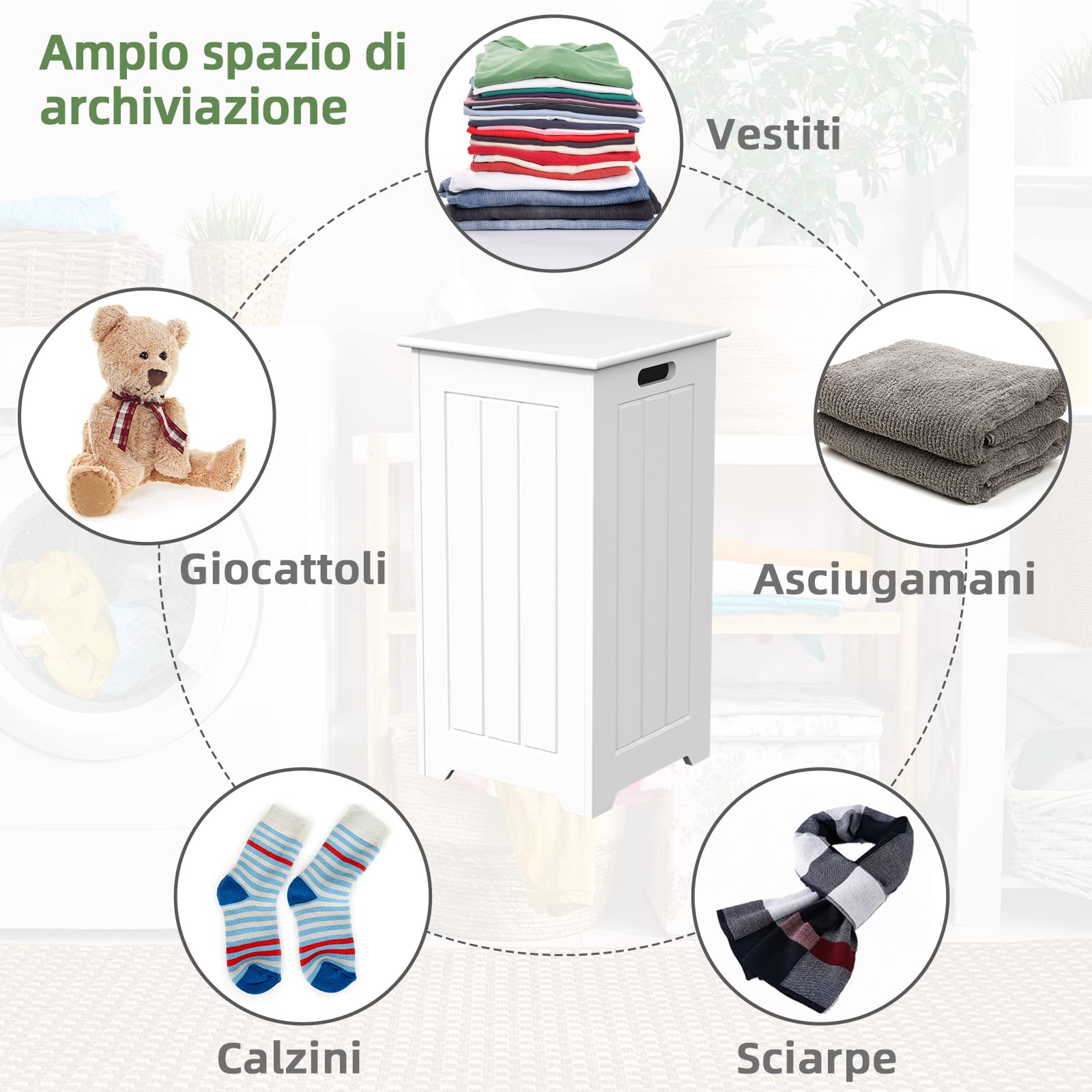 COSTWAY 34 L Mobile Portabiancheria per Bagno, Cesto Organizzazione Lavanderia in Legno, in Stile Moderno, 30 x 30 x 61 cm, Bianco (Senza Borsa Interna)