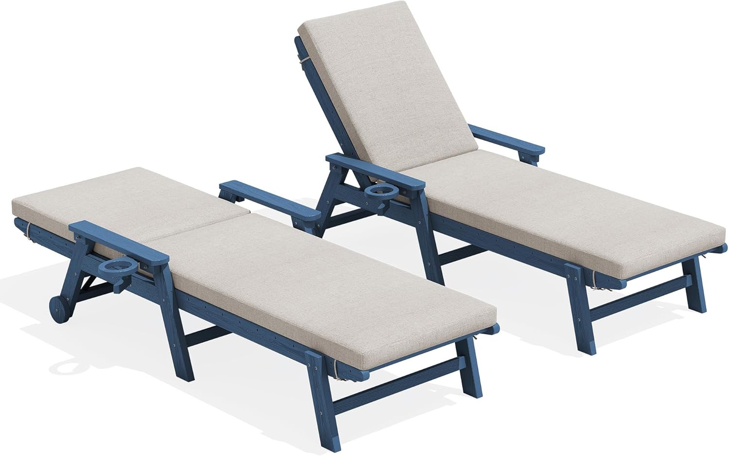 SERWALL Outdoor Chaise Lounge Set of 2 with Cushions Set, 78'' Long HDPE Lounge Chairs with Cup Holder & Rolling Wheels