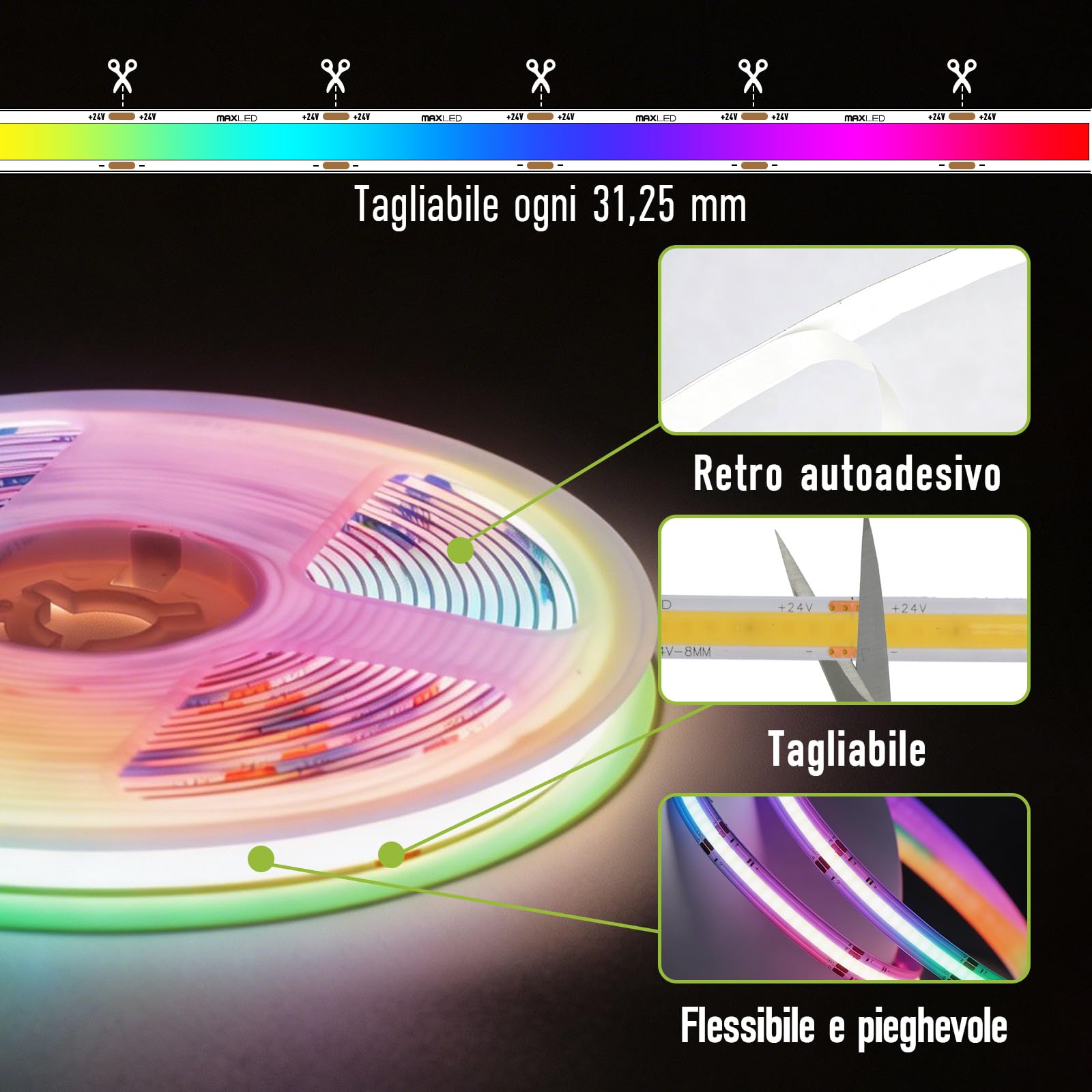 Striscia LED COB RGB 5M/16.40FT con Telecomando 576 LED/M 24V Autoadesiva CRI90+ Flessibile Striscia Luminosa DIY con Alimentatore AC/DC per Interni, Cucina e Decorazioni