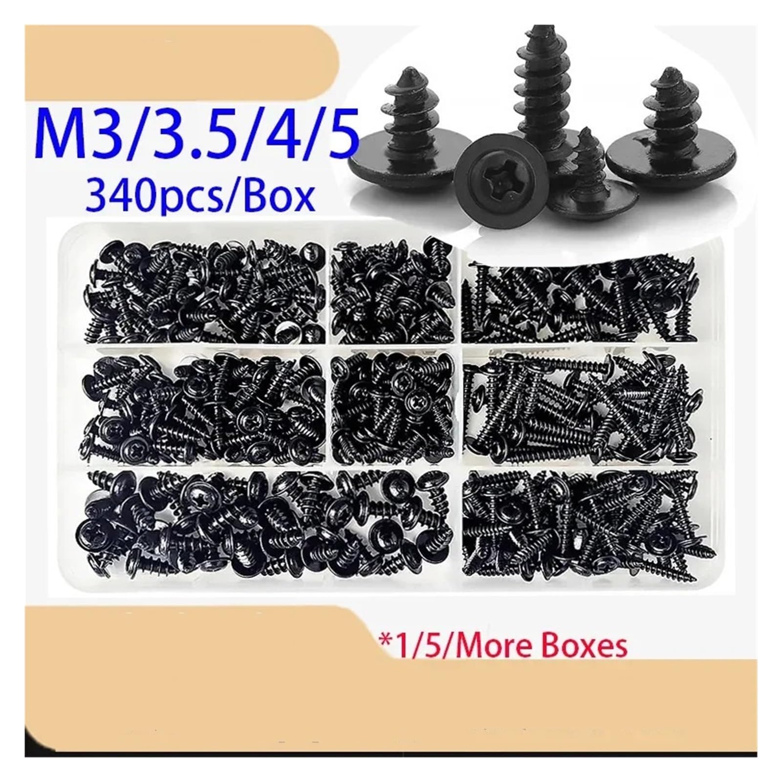 Kit d'assortiment de vis autotaraudeuses à tête cruciforme, 340 pièces/boîte, en acier au carbone noir for meubles M3/M3.5/M4/M5(1 BOX)
