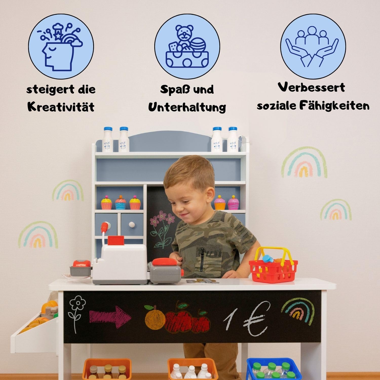 Coemo Kaufladen Nicola Kinder Kaufmannsladen aus Holz, Verkaufsstand Theke, Tafel, Seitentheke & Schublade Marktstand als tolles Geschenk, Grau