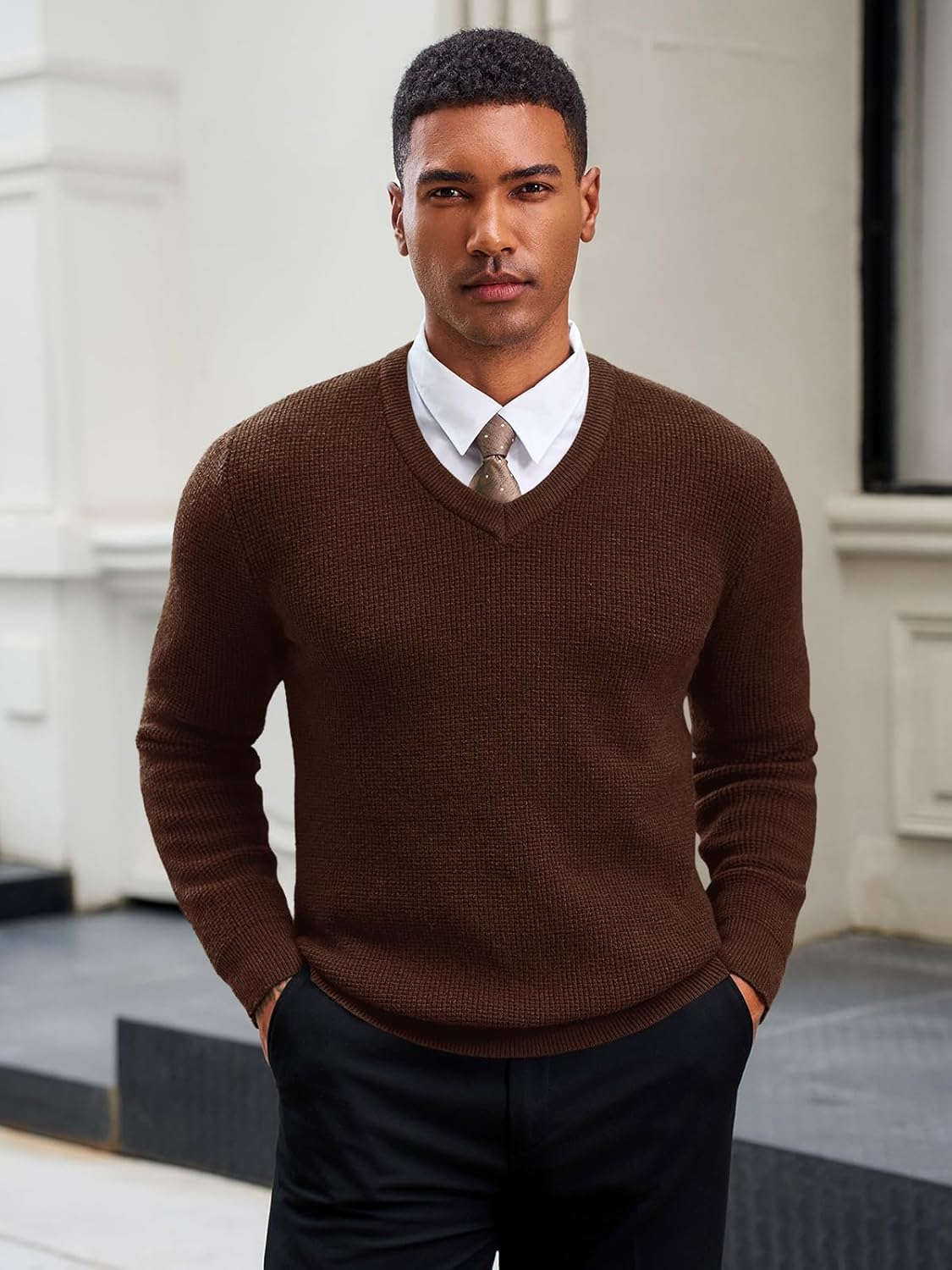 Runcati Mens V Neck Sweater Casual Waffle Knitted Pullover Slim Fit Fall Winter Basic Warm Sweaters - Image 2