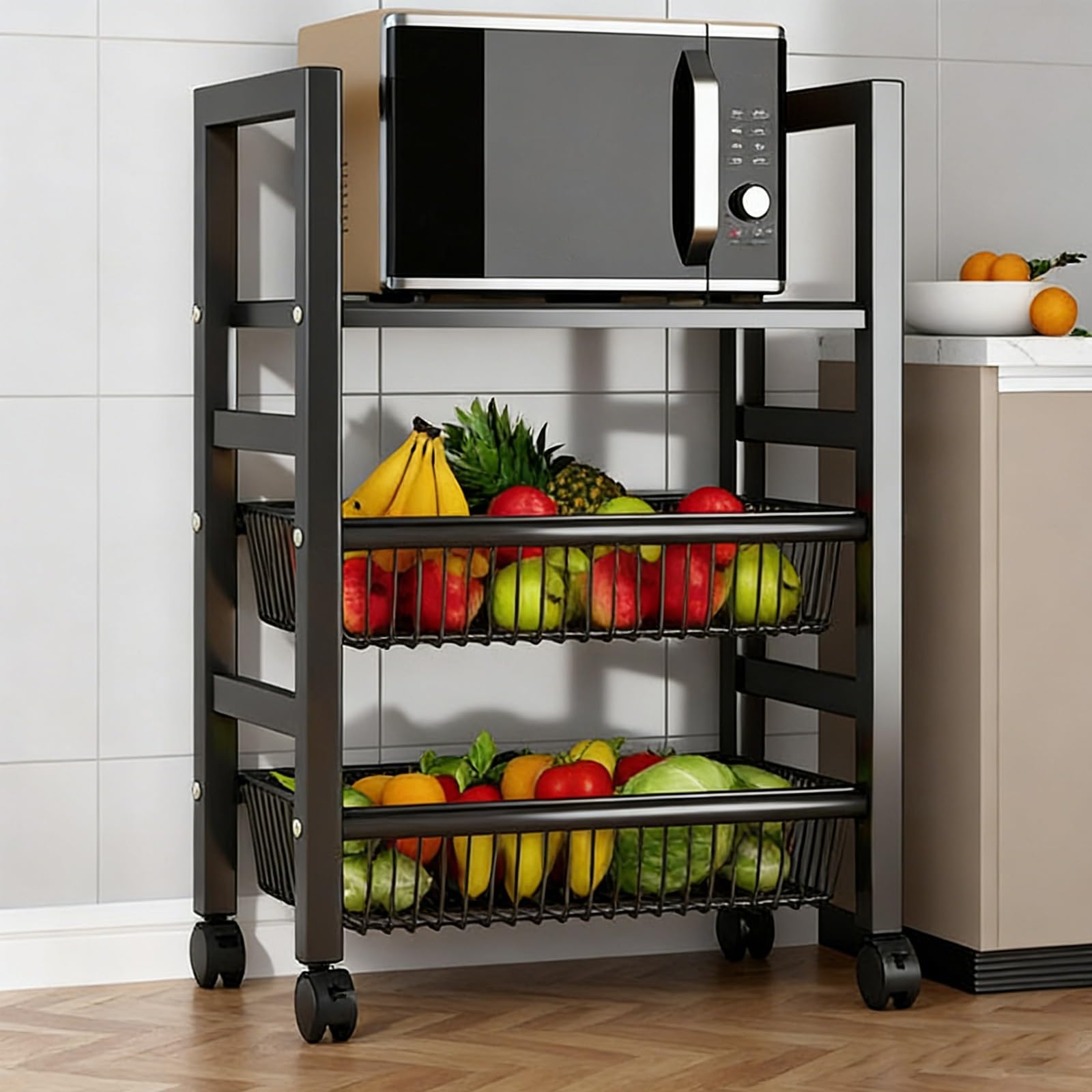 Chariot de rangement de cuisine à roulettes et paniers métalliques multi-niveaux pour fruits