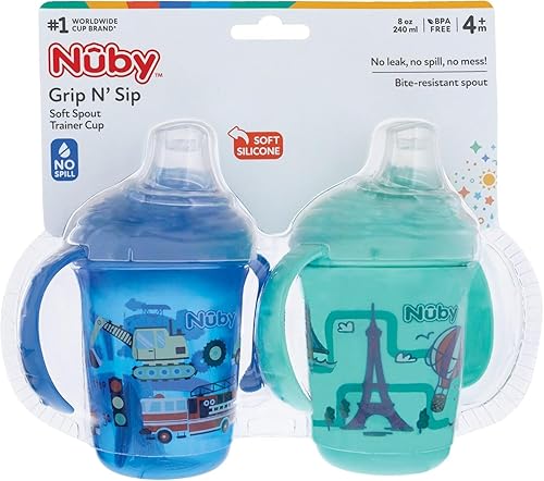 Miniatura 6 de Nuby No-Spill - Vaso de dos asas para bebé, con tapa higiénica, 2 unidades impresas Aqua Travel y Blue Car Prints 8 oz 8.1 fl oz 4+ meses 2