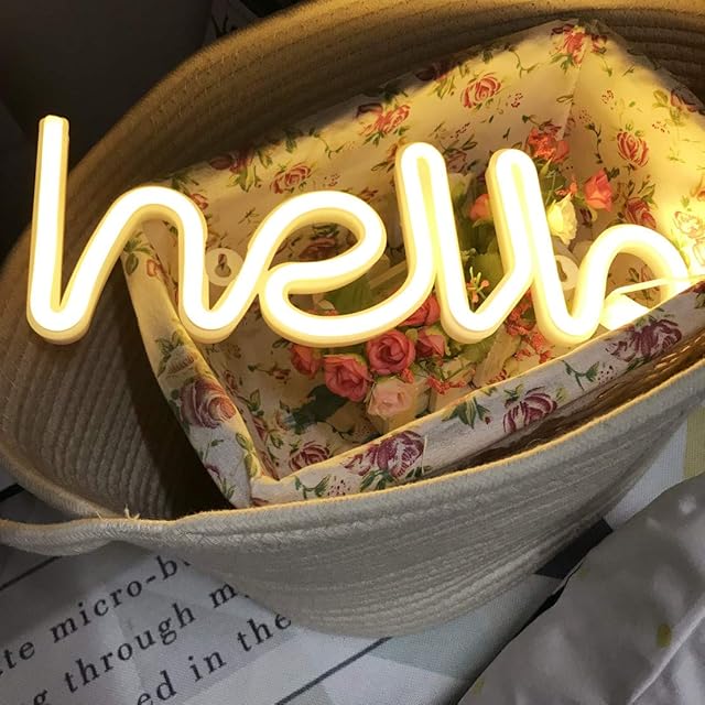 QiaoFei LED Hello Neon Word Sign Neon Letters Light Art Decorative Lights, Marquee Signs/Wall Decor for Christmas, Birthday Party, Kids Room, Living Room,Wedding Party Supplies(Warm White Hello)