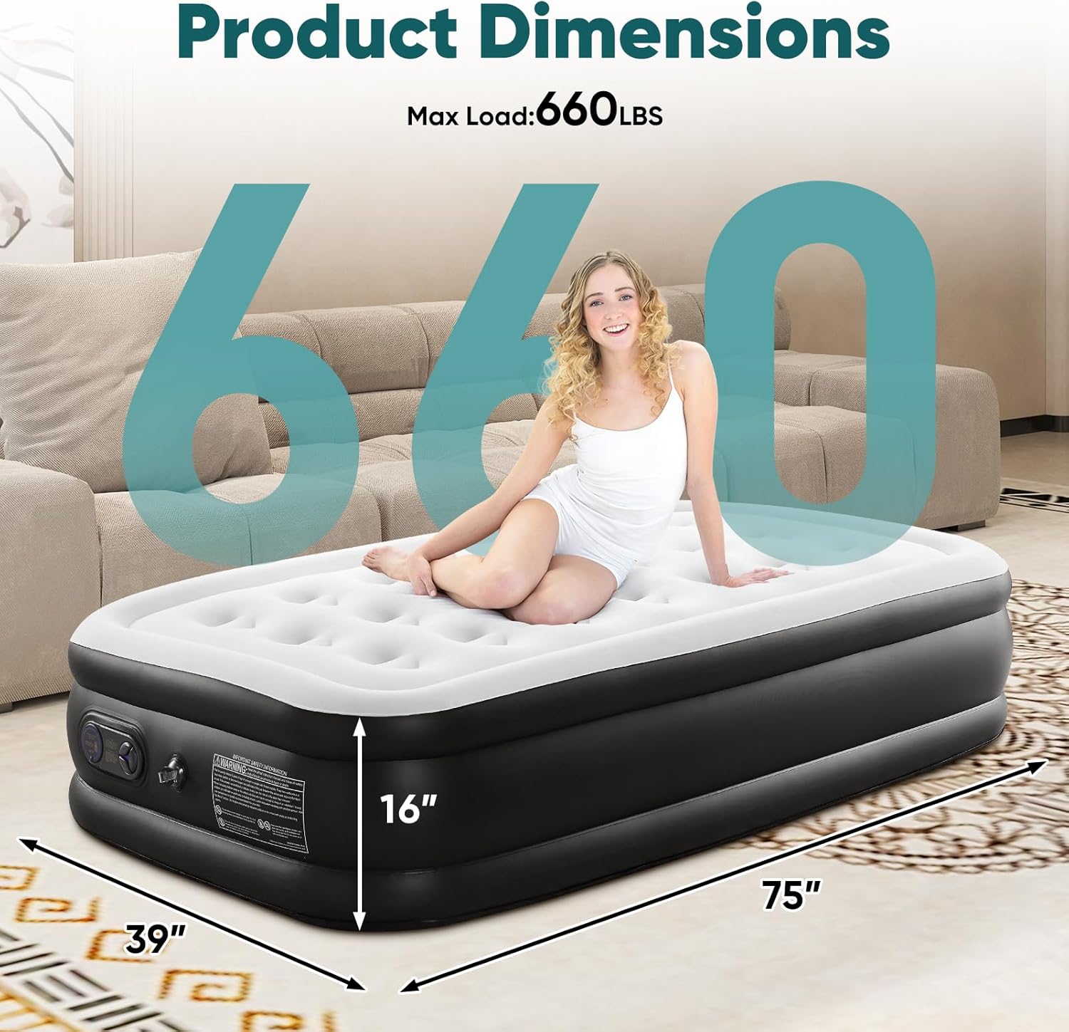 Sweetcrispy Twin Air Mattress - 16" Inflatable Blow Up Airbed with Built-in High Capacity Pump, Double Height, Non-Slip Bottom Design, Weight Capacity 660 lbs Air Bed for Home or Camping
