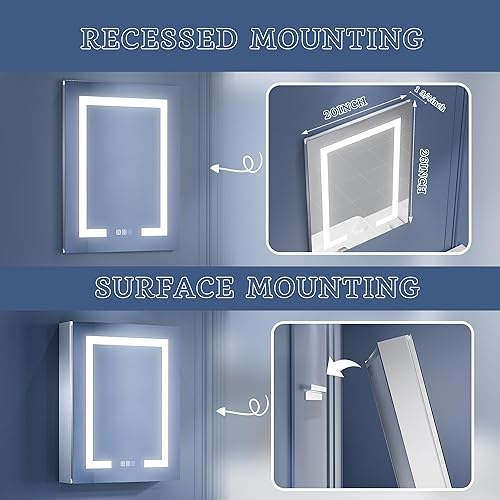 Miniatura 8 de ExBrite Botiquín de baño iluminado con espejo, 28 x 30 pulgadas, botiquín empotrado o de superficie, desempañado, atenuación continua, cambio de