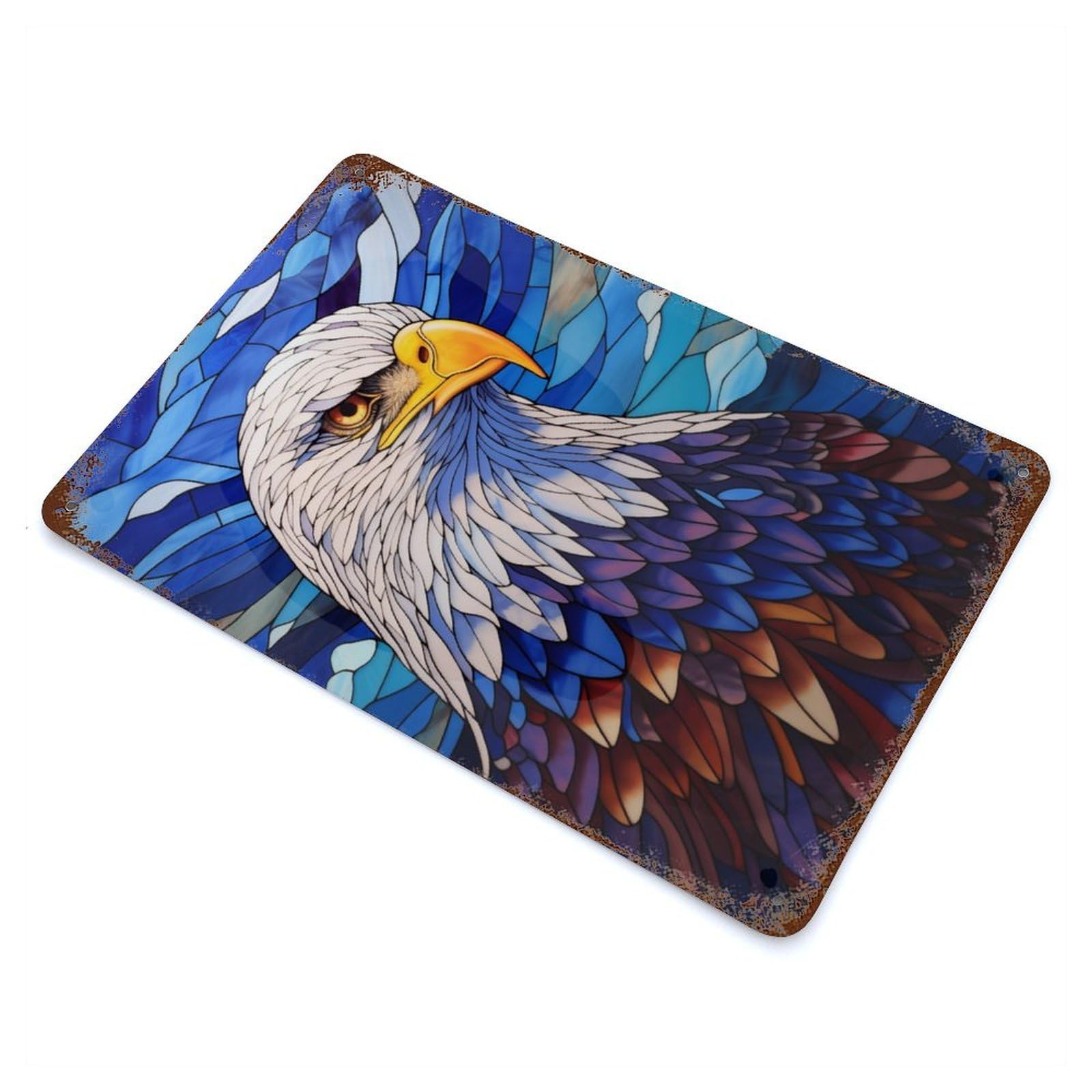 Distressed Metal Wall Sign with Bald Eagle Stained Glass Design 11.8"x7.9", for Farmhouse, Kitchen And Entryway Decor, Old School Wall Decor