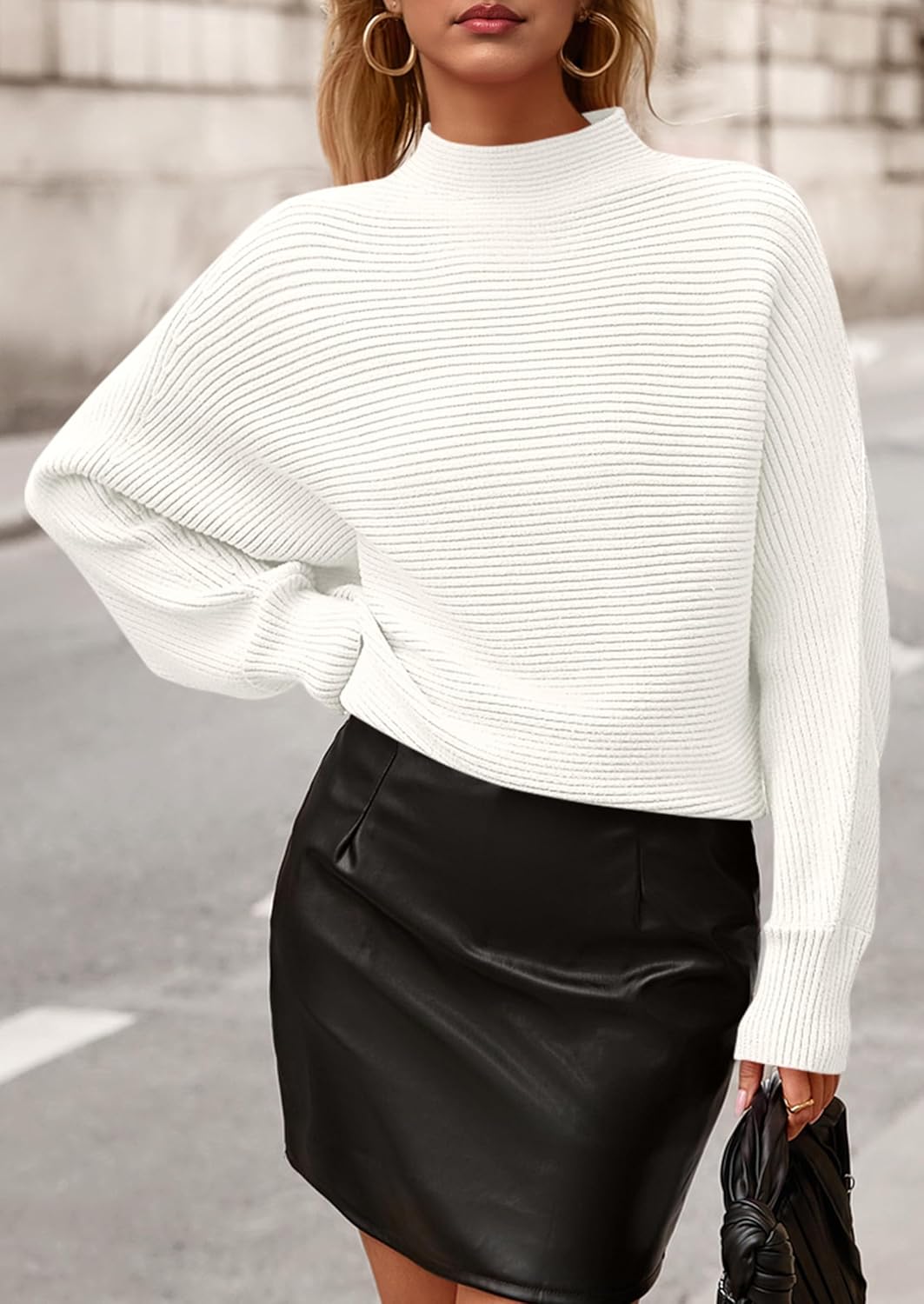 PRETTYGARDEN Womens Batwing Long Sleeve Sweaters Casual Mock Neck Ribbed Knit Cozy Pullover Sweater Tops 2026 Spring Clothes - Image 4