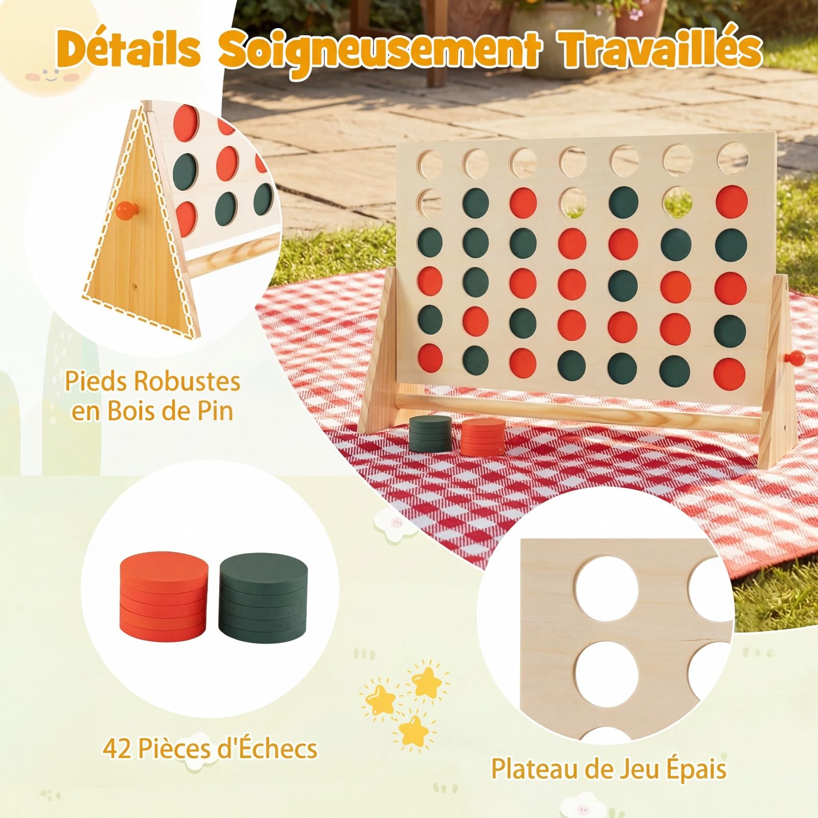 COSTWAY Jeux Puissance 4 Géant Enfant avec 42 Jetons, Jeu de Société en Bois de Pin, Jeu d'Adresse Intérieur Extérieur pour Enfants Adultes pour Jardin Salon Fête