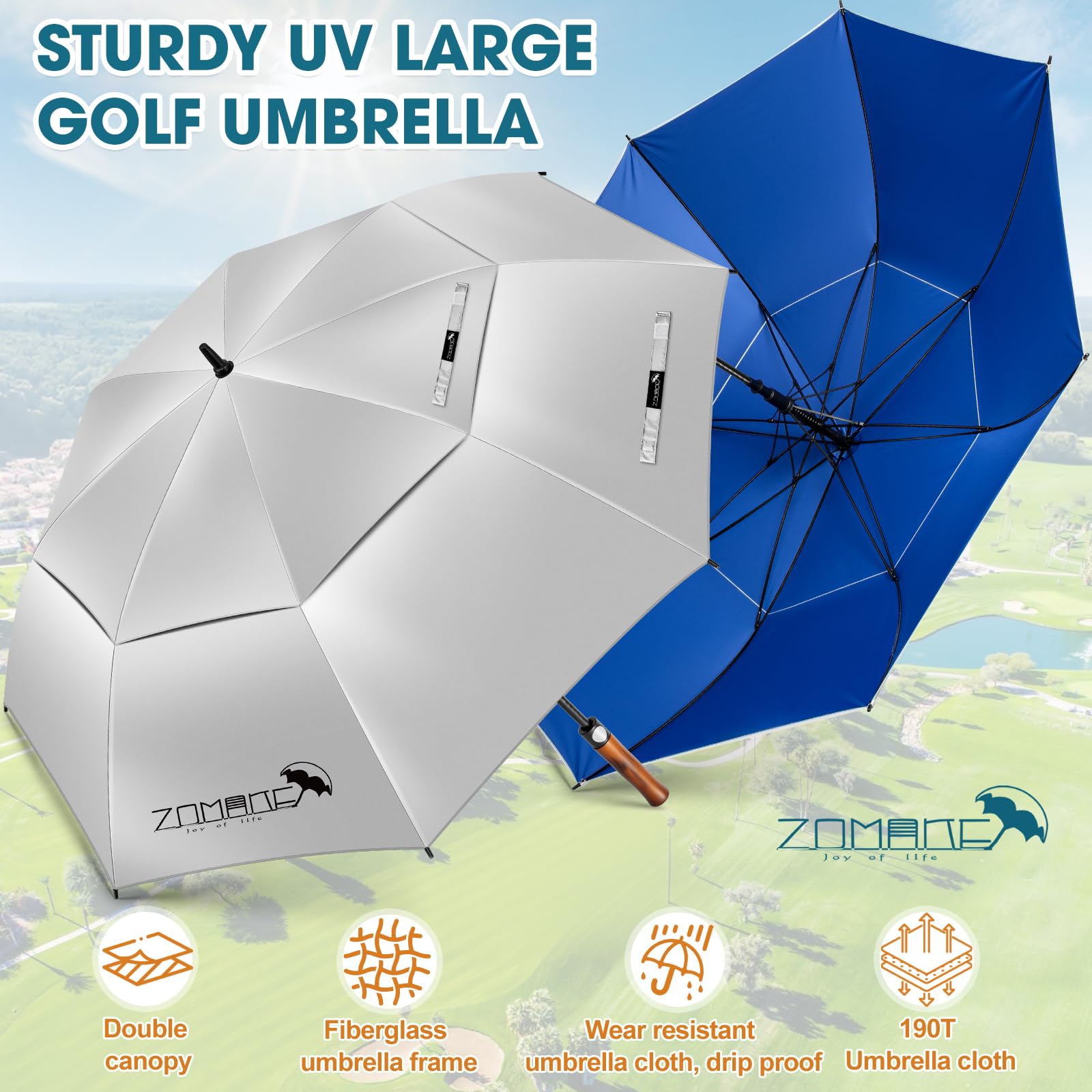 ZOMAKE 62/68 Pouces Ombrelle Anti UV Grand Parapluie Golf Anti Tempête Homme Femme XXL Manche Bois Ondulé Double Canopée Ventilée