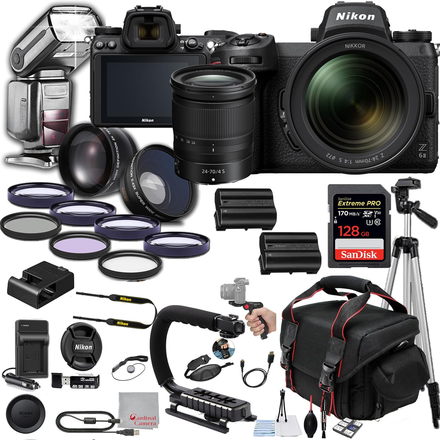 Nikon Z6 II Mirrorless Camera with 24-70mm f/4 Lens 24.5MP, 128GB Memory, TTL Pro Flash, Filters, Lenses, Case, Tripod, Grip, and More – Pro Photo Bundle (40pc Bundle)