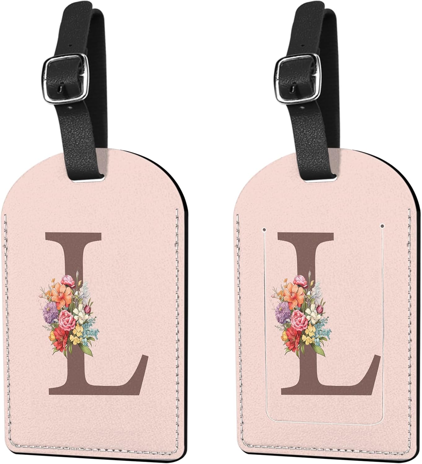 Deokke 2 Pack Initial Letter Luggage Tag Monogram Suitcase Tags PU Leather Cover Aesthetic Cute Monogrammed Travel Bag Labels for Women Girls Men (Pink-L)