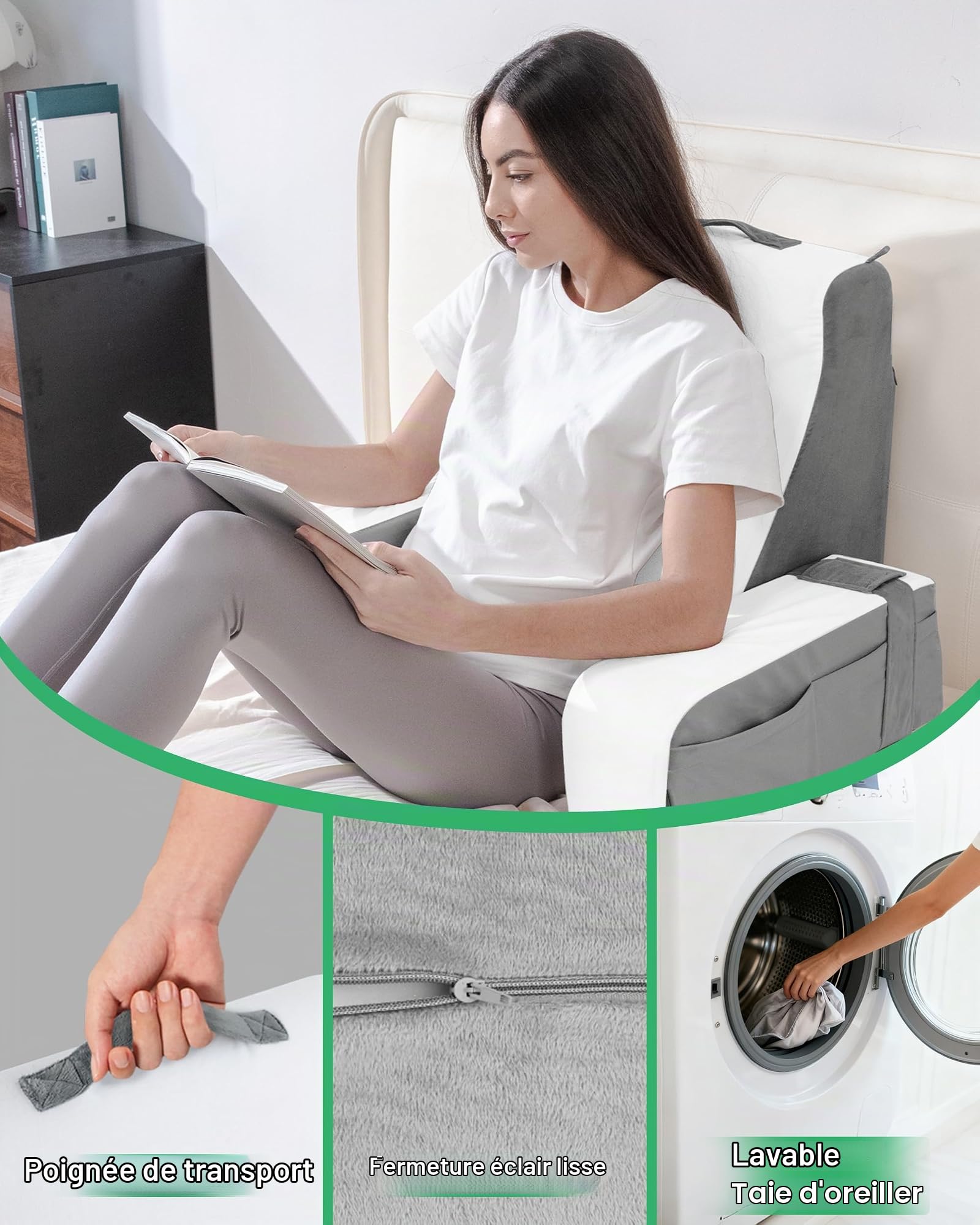 Coussin de Lecture pour Lit Coussin Support Dorsale | Avec Oreiller Cervical et Accoudoirs Amovibles, Oreiller de Lecture pour se Détendre, Regarder la Télévision ou Lire