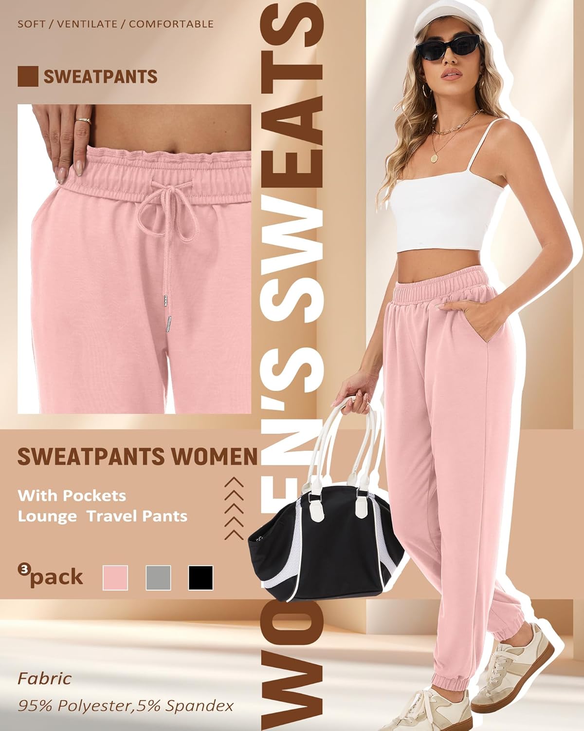 3 Pack Women's Joggers Sweatpants with Pockets, Elastic High Waisted Drawstring Baggy Lounge Trousers Yoga Workout - Image 4