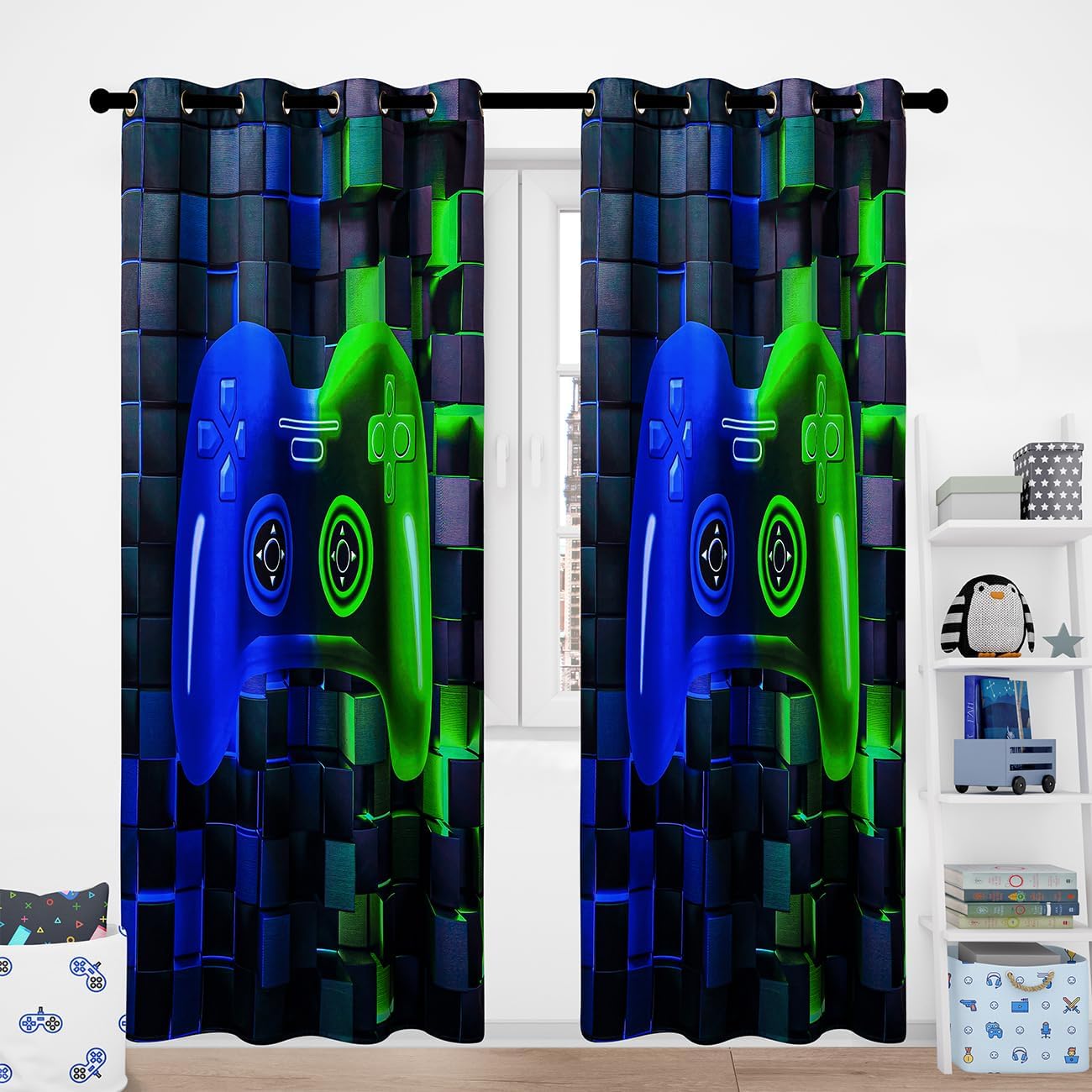 PERFEMET Gaming Curtains for Boys Blue Green Game Console Window Treatment 2 Panel Set 3D Cool Gamer Bedroom Curtains for Home Living Room Game Room Decor(Blue Green, 42x54inch)
