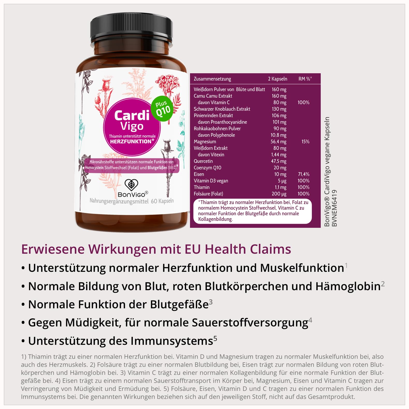 CardiVigo mit Thiamin für normale Herzfunktion. Plus Weißdorn, Q10 | Folat für normale Blutbildung & Vitamin C zu normaler Kollagenbildung für normale Funktion der Blutgefäße & Pflanzenextrakte