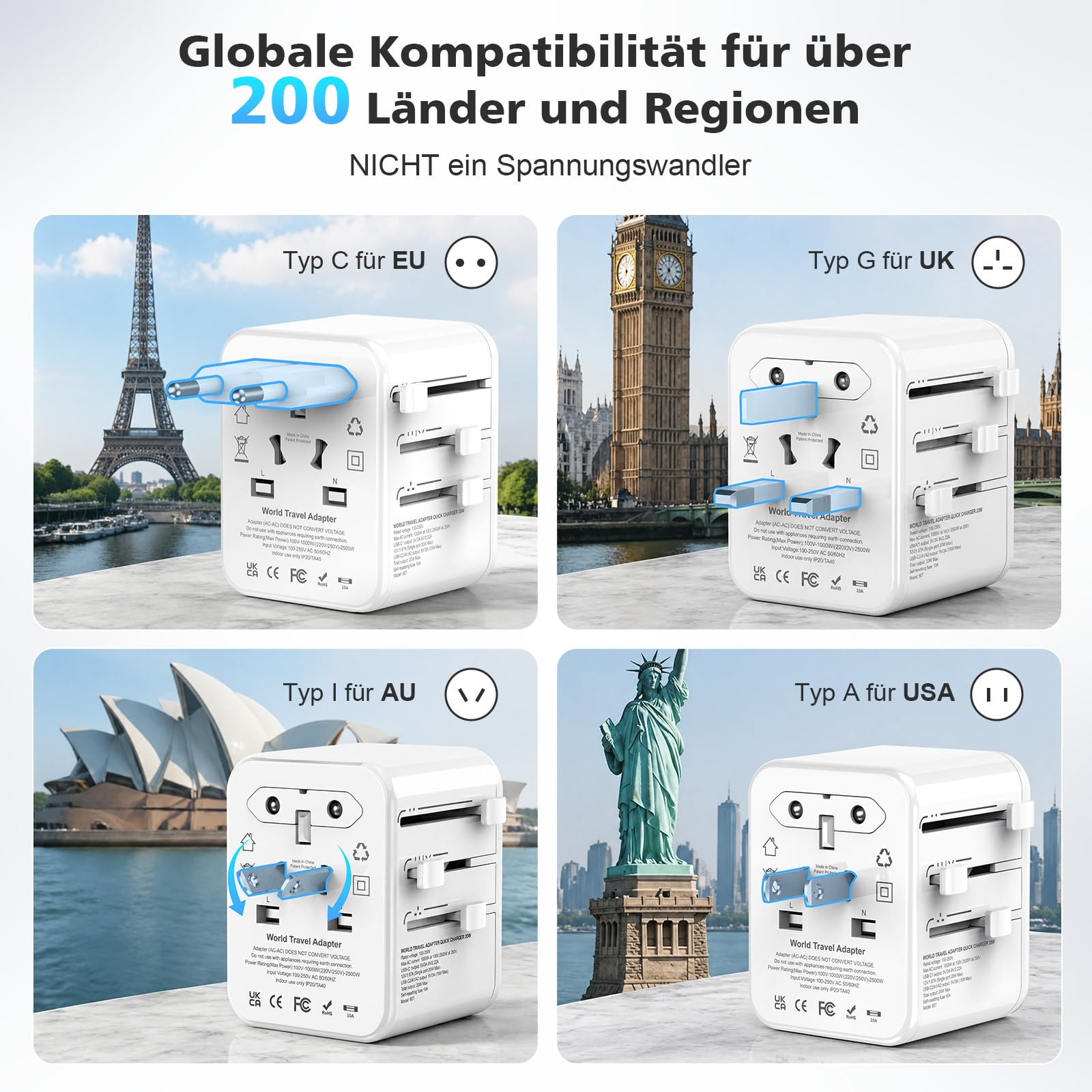 Adattatore da viaggio in tutto il mondo, spina da viaggio universale con 2 USB A e 2 USB C, adattatore per presa internazionale, adattatore universale per Inghilterra, Stati Uniti