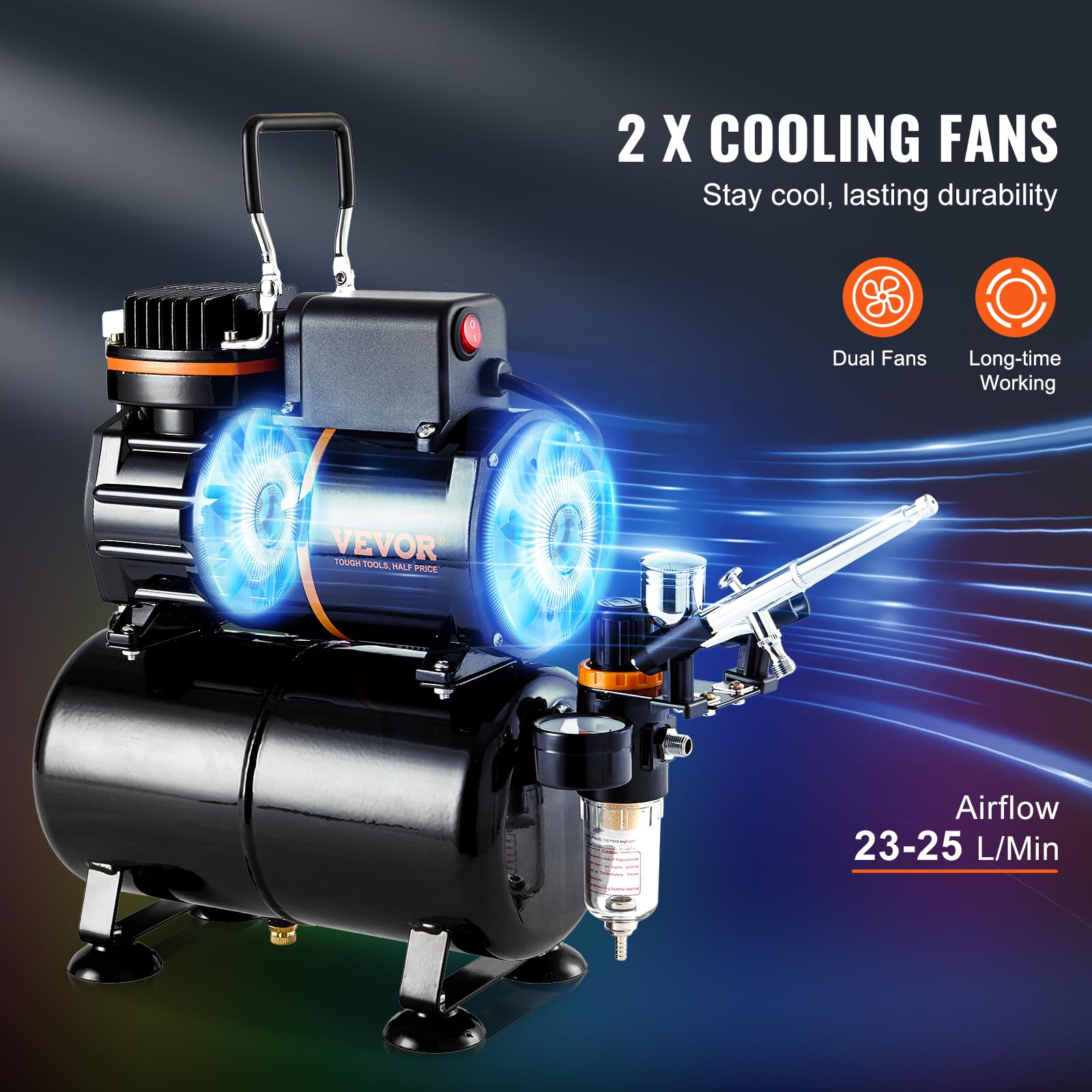VEVOR Kit Aerografo,con Compressore 2 Ventola Serbatoio Aria 3,5 Litri, Set Aerografo con Punta da 0,3 mm, Supporto, Ruota di Miscelazione Colori, Set di Spazzole per Tatuaggio Artistico Biscotti