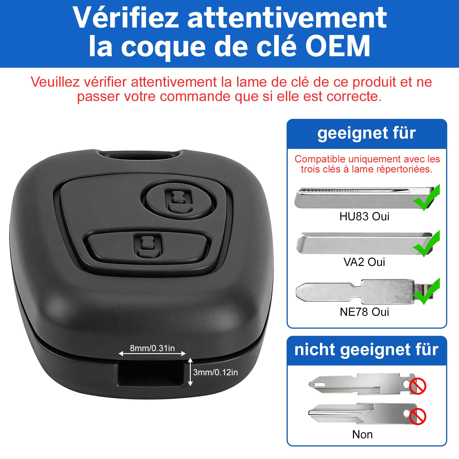 Lot de 2 Coques de Clé de Voiture Compatible avec Citroën C1 C2 C3 C4 C5 Peugeot 106 107 206 207 208 307 407 806 Saxo Xsara Toyota Aygo 2 Boutons Télécommande Boîtier Clef - 3