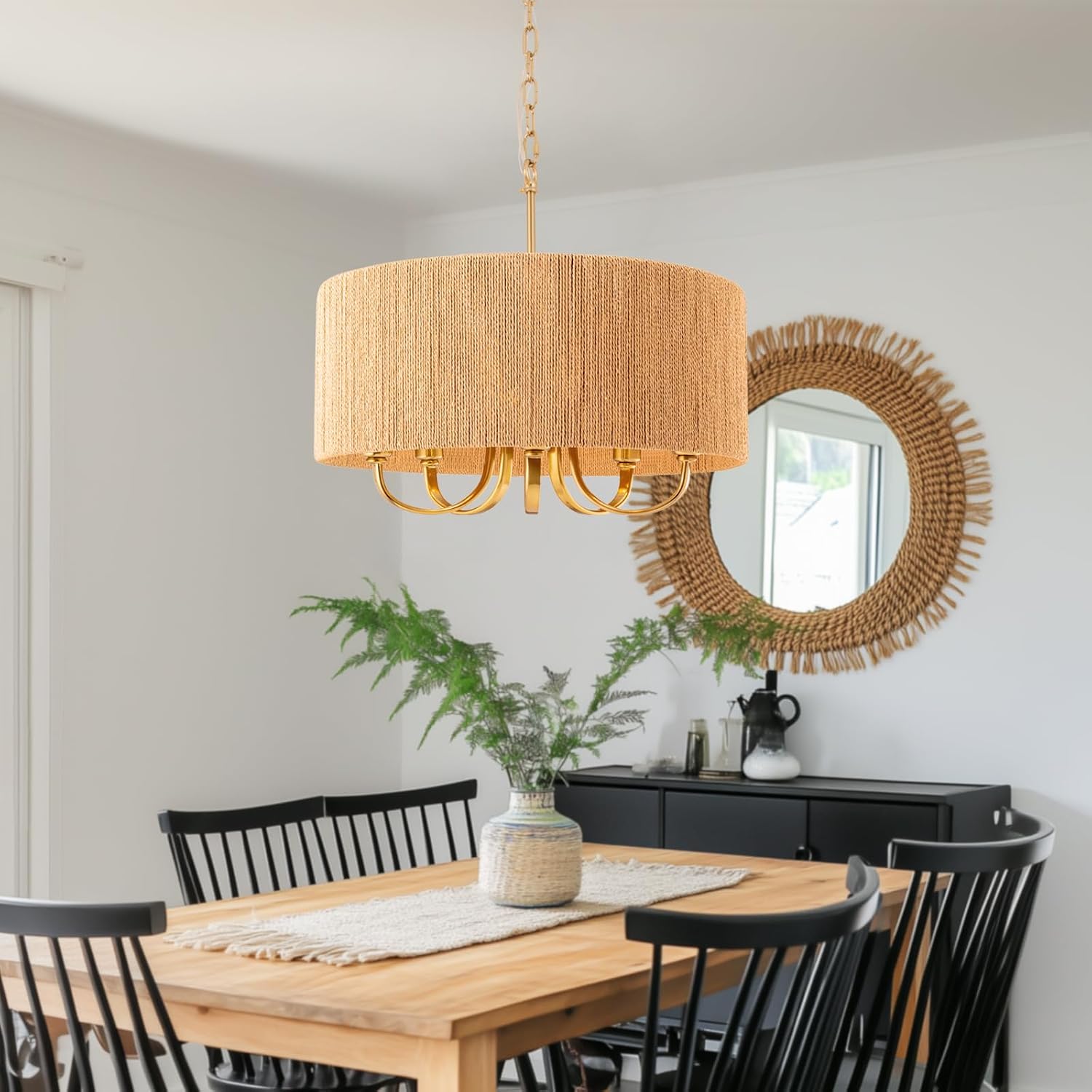 Maxax 22" Gold Rattan Farmhouse Chandelier, 5-Light Large Boho Pendant Lighting with Rattan Shade, Rustic Gold Chandeliers Hanging Light Fixtures for Dining Room, Living Room, ETL Listed