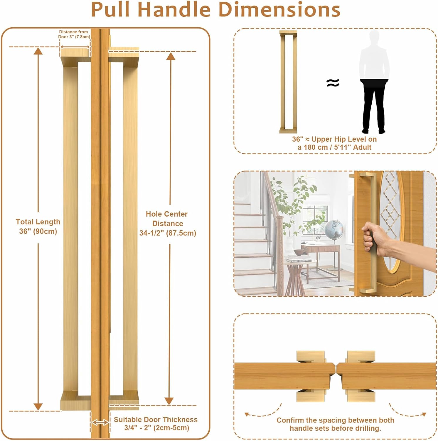 36" Titanium Gold Front Door Push Pull Handle Double-Sided
