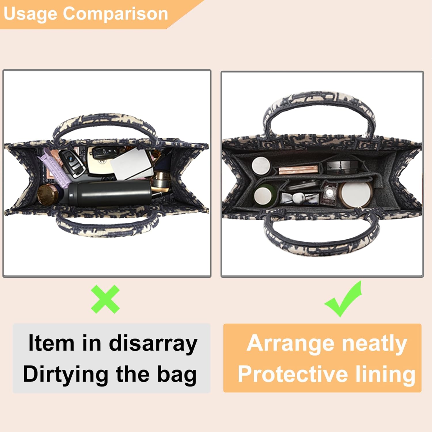 Doxo Purse Organizer Insert, Felt Tote Organizer Insert with Zipper, Bag Liner Perfect for L Onthego MM 35 & D Book Tote Medium (Grey-With Cover) - Image 3