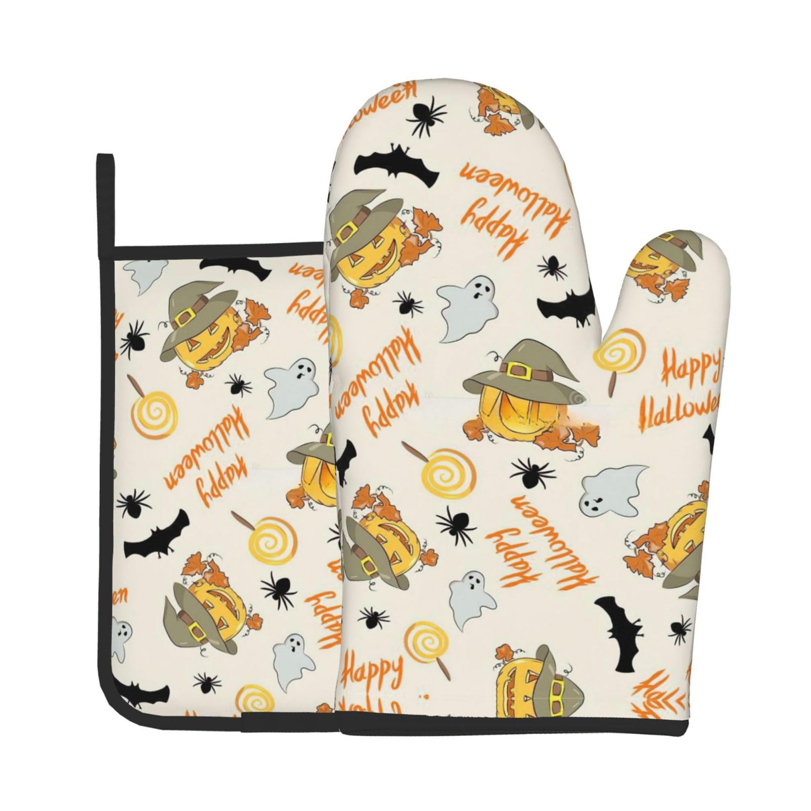 Halloween Pumpkin and Owl Kitchen Baking Two-Piece Set,Multipurpose Oven Gloves,Used for Barbecue Kitchen Baking